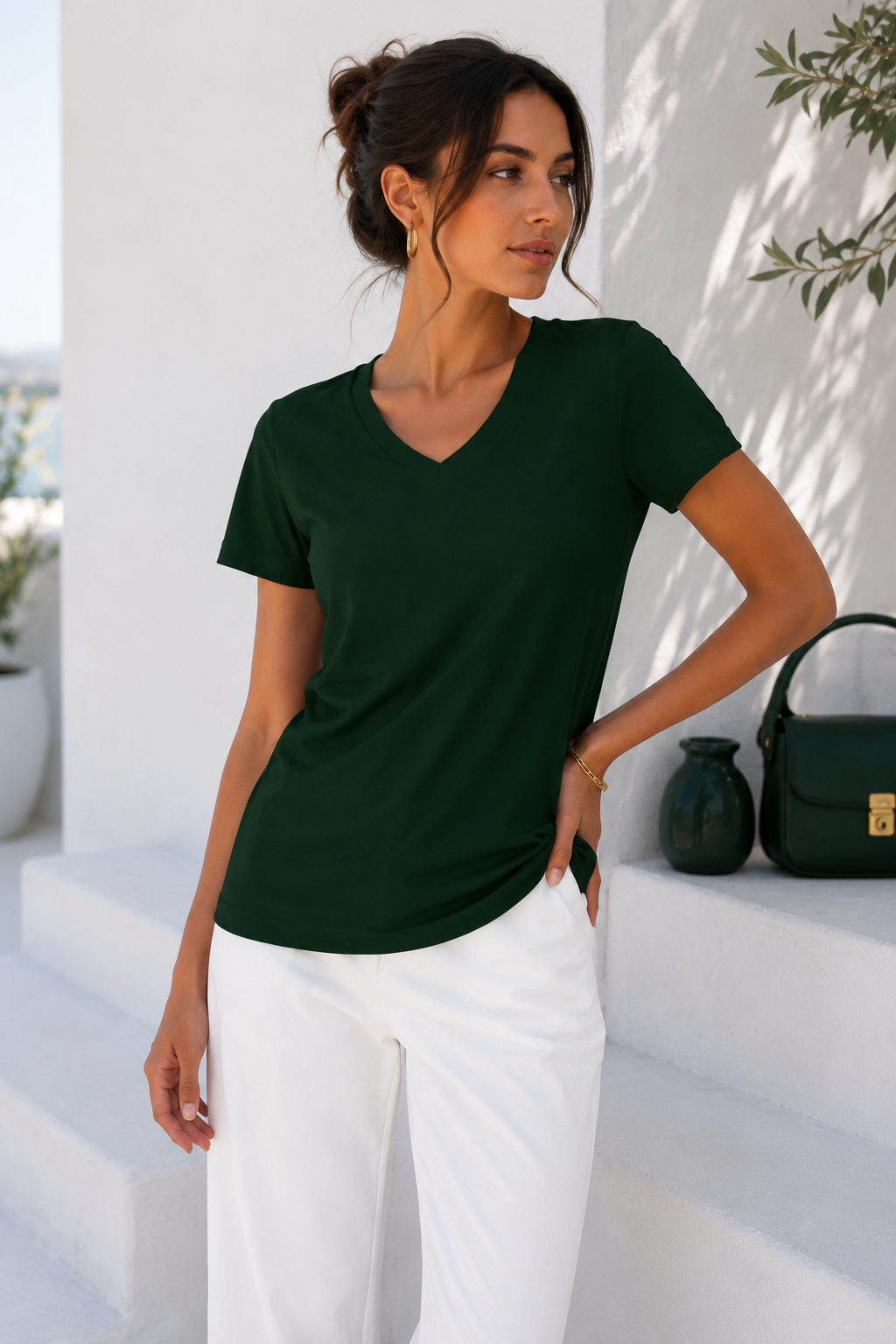 Kadın Koyu Yeşil Yumuşak Dokulu İnterlock V Yaka Basic T-Shirt