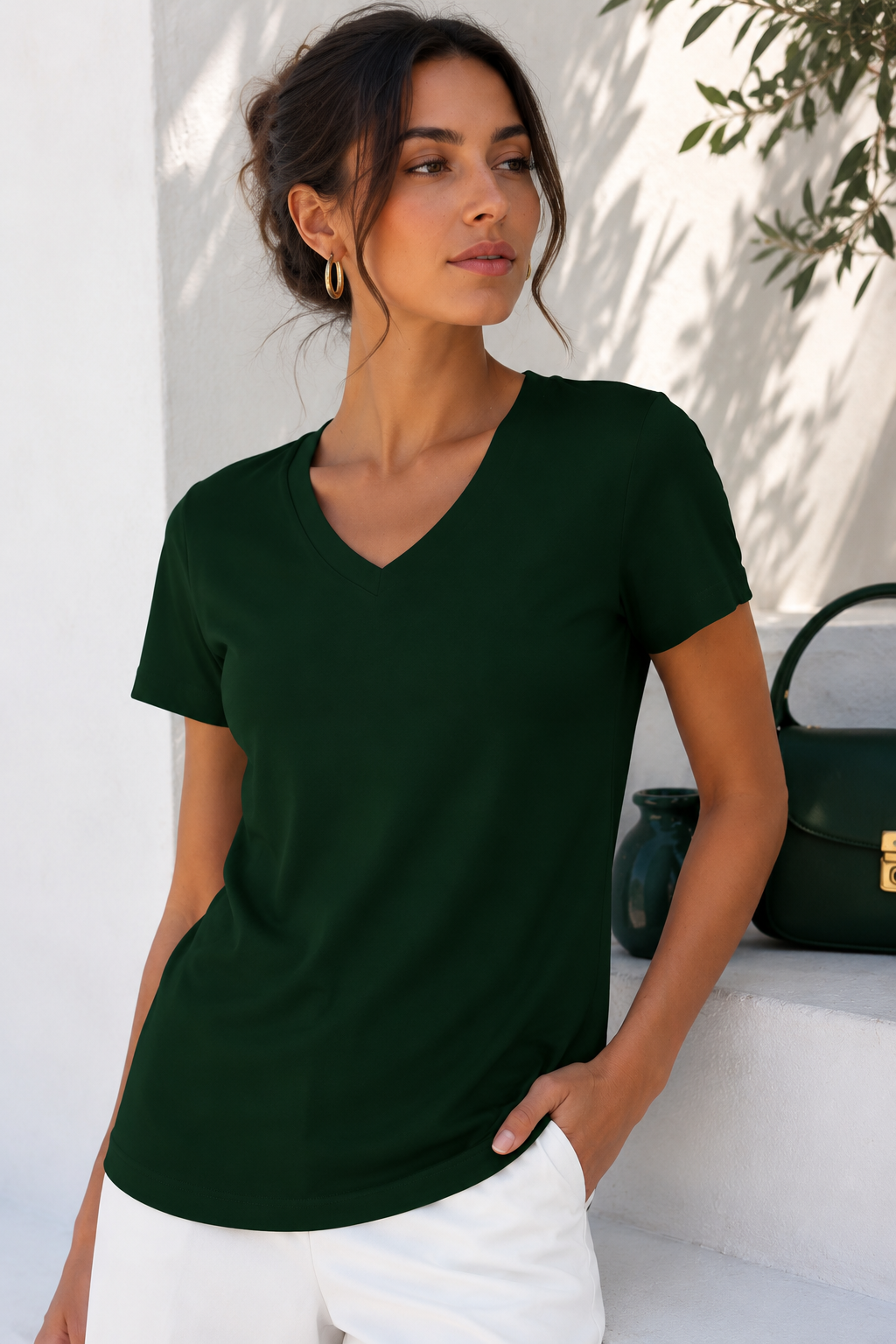 Kadın Koyu Yeşil Yumuşak Dokulu İnterlock V Yaka Basic T-Shirt
