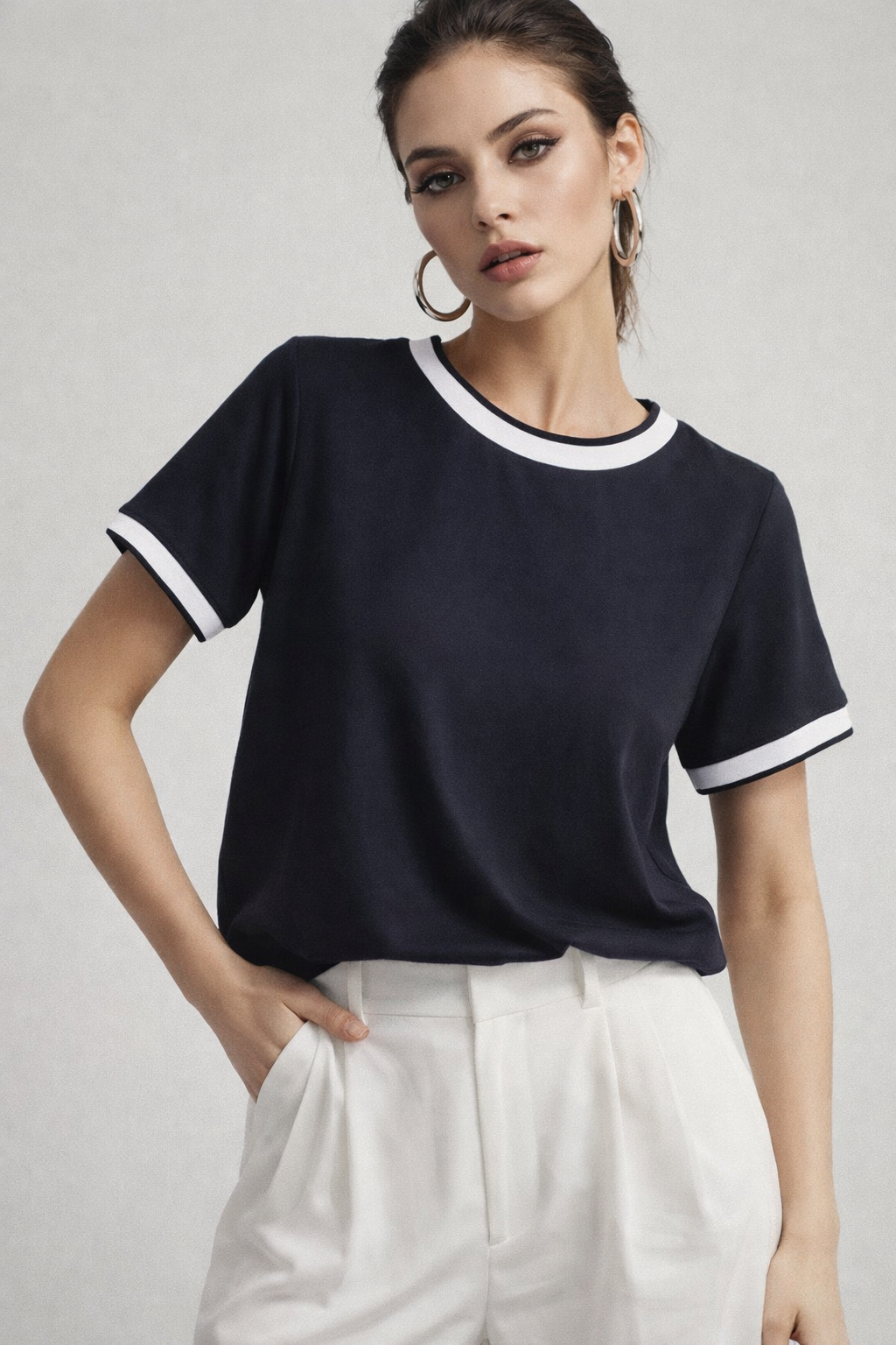 Kadın Lacivert Bisiklet Triko Yaka Kısa Kollu Basic T-Shirt