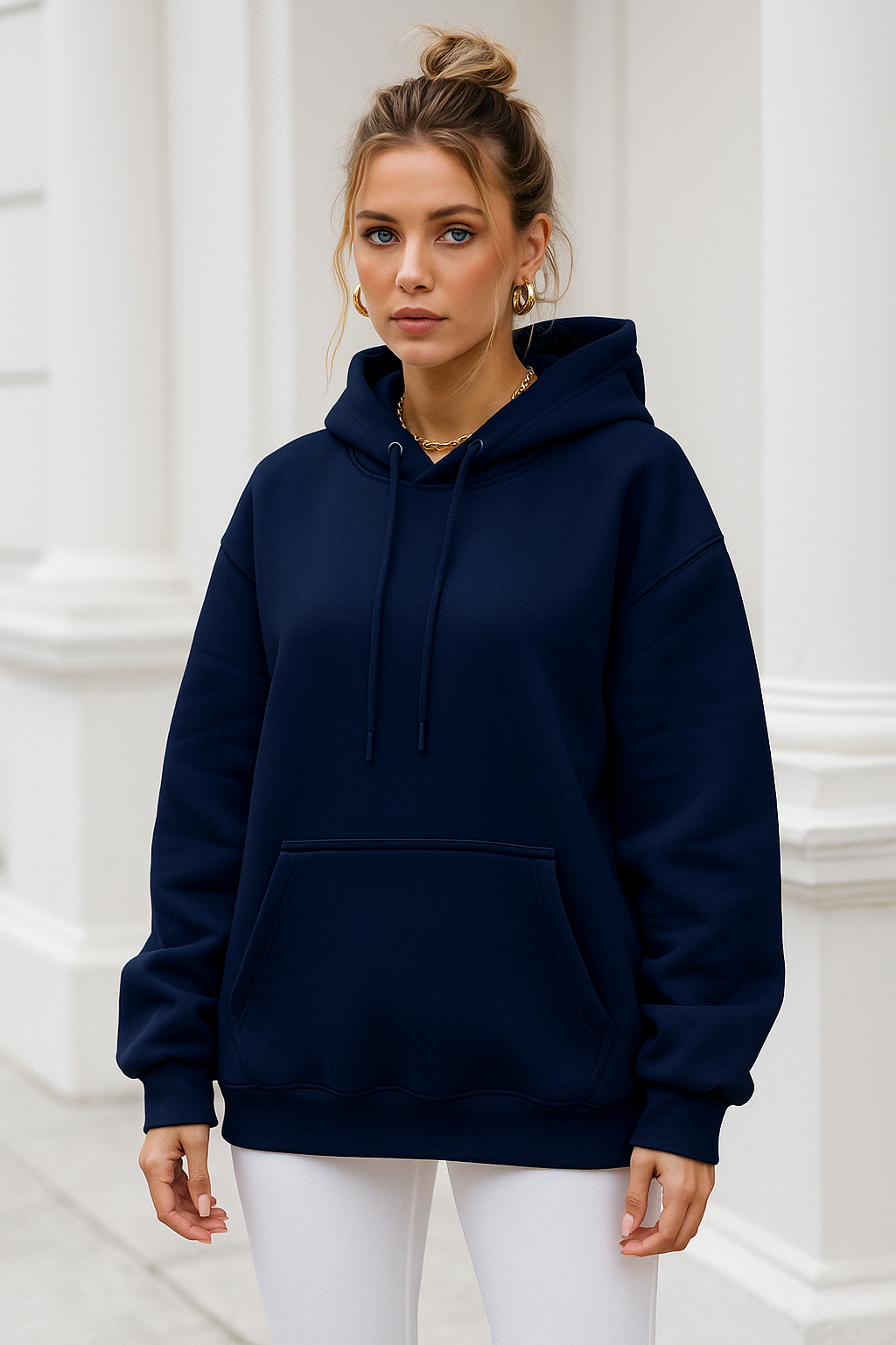 Kadın Lacivert Kanguru Cepli Kapüşonlu Scuba Sweatshirt