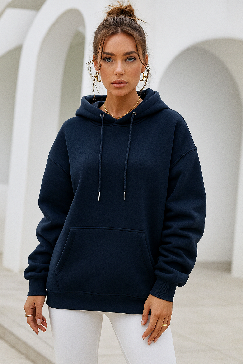Kadın Lacivert Kanguru Cepli Kapüşonlu Scuba Sweatshirt