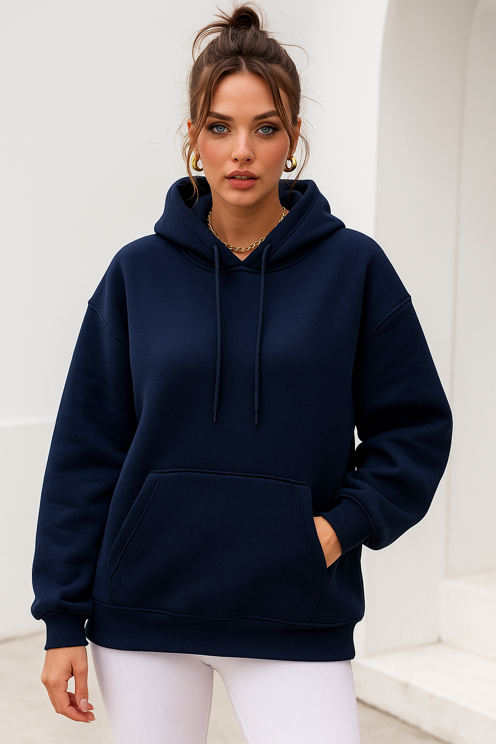 Kadın Lacivert Kanguru Cepli Kapüşonlu Scuba Sweatshirt