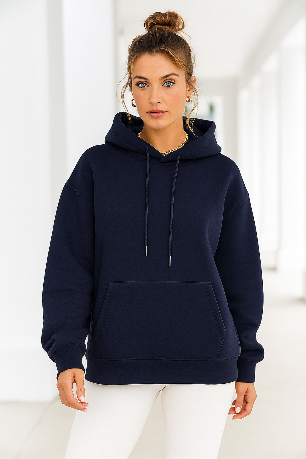 Kadın Lacivert Kanguru Cepli Kapüşonlu Scuba Sweatshirt