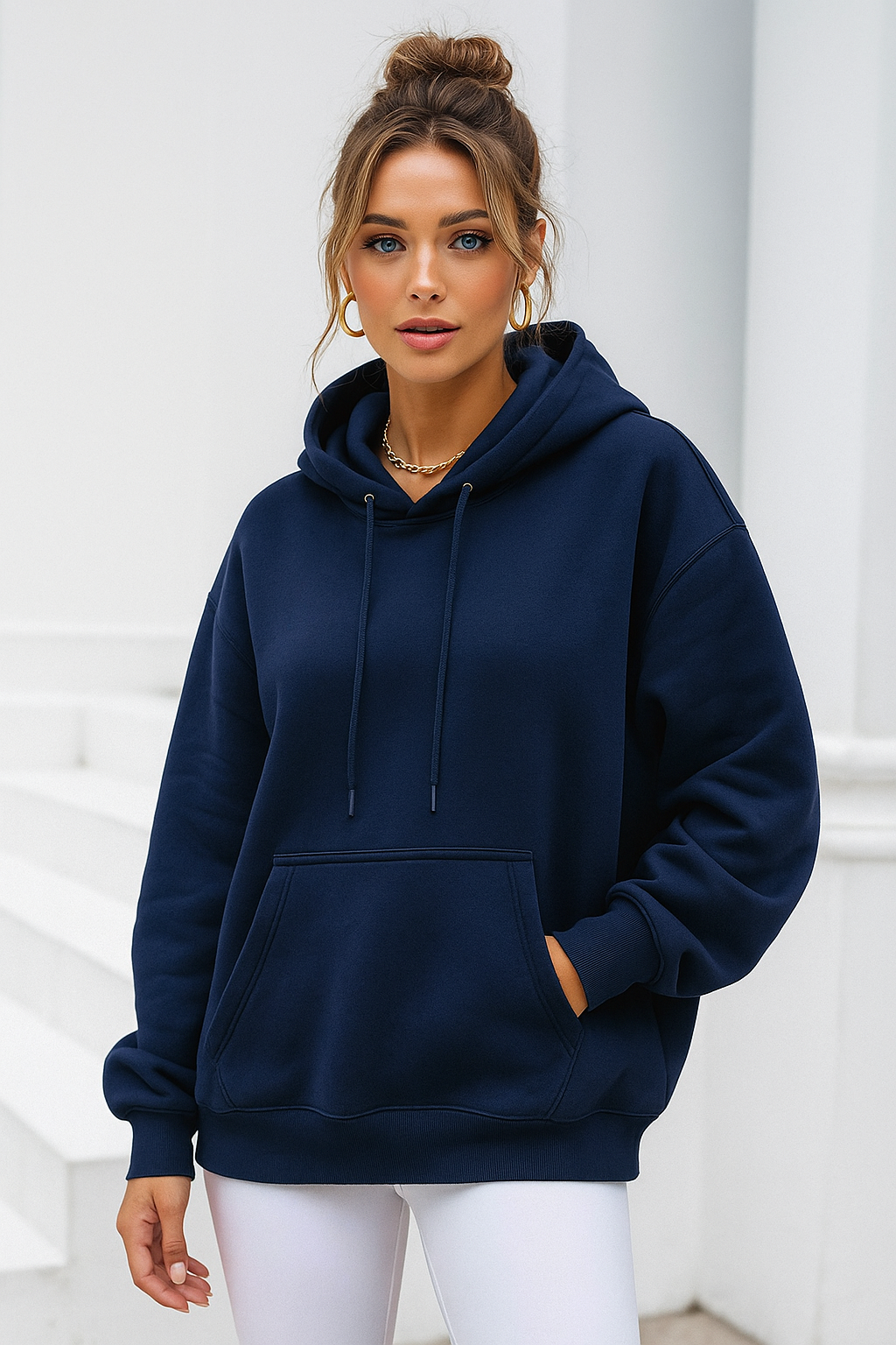 Kadın Lacivert Kanguru Cepli Kapüşonlu Scuba Sweatshirt