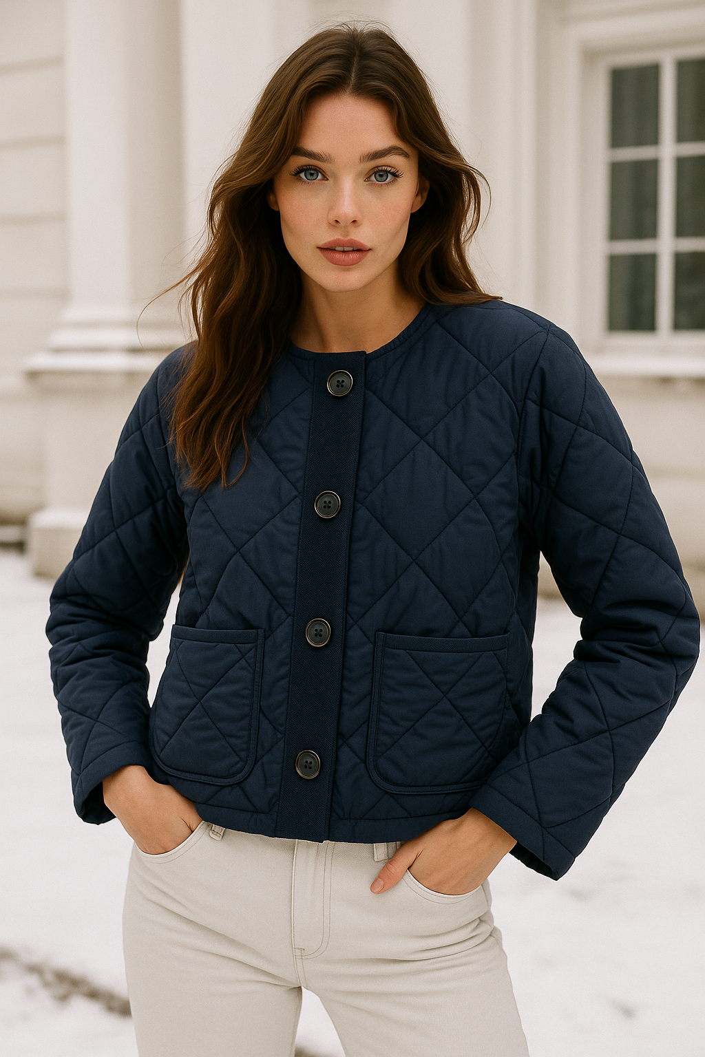 Kadın Lacivert Kapitone Yama Cepli Ceket