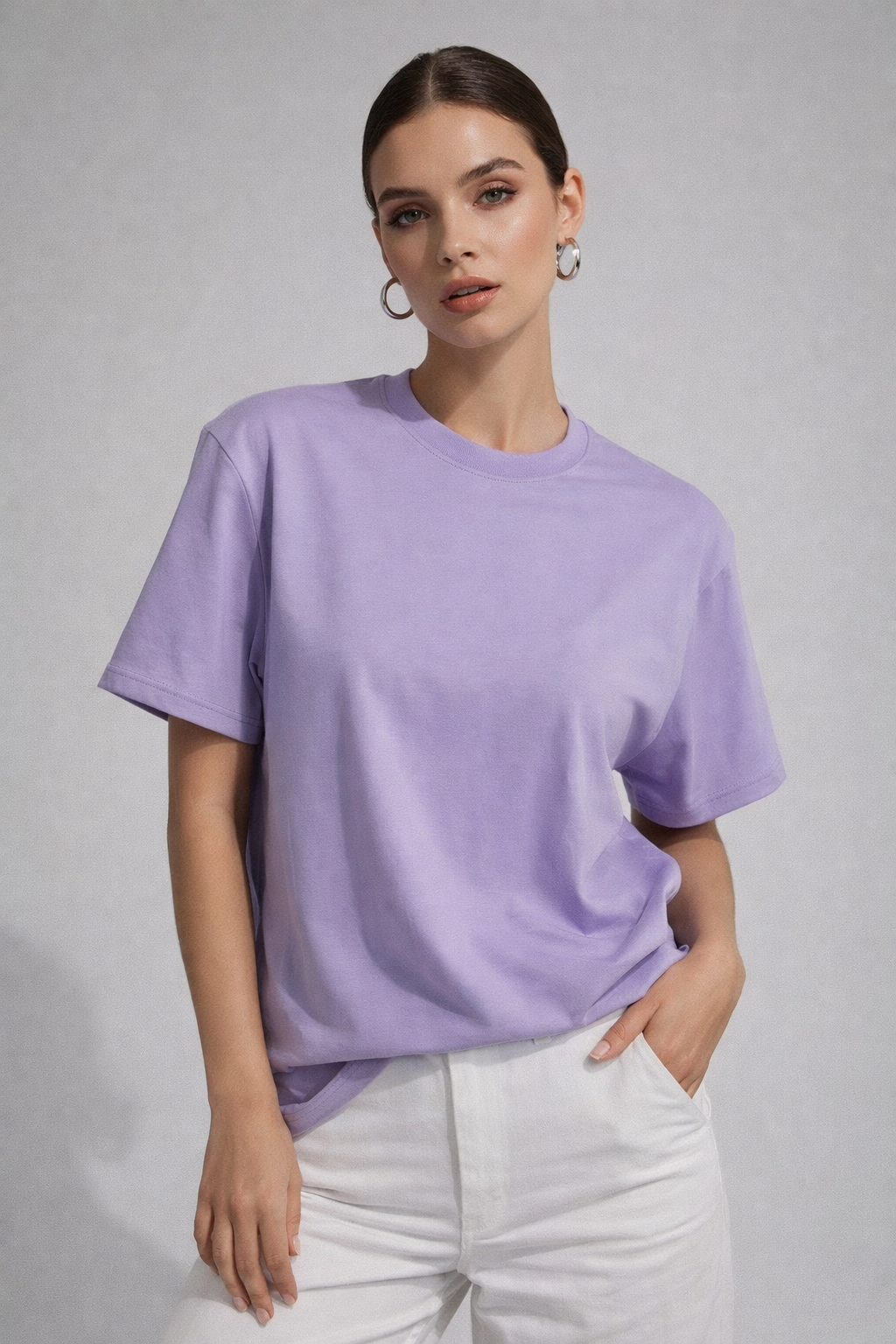 Kadın Lila %100 Pamuk Oversize Basic Tişört – Rahat Kalıp Relaxed Bisiklet Yaka T-Shirt