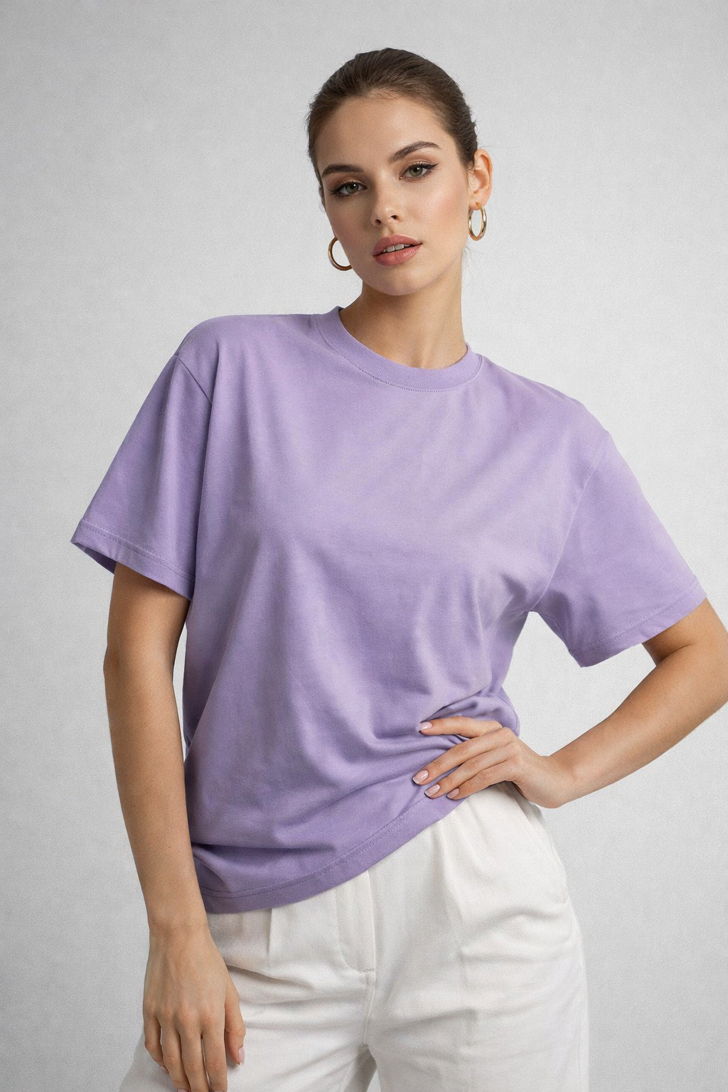 Kadın Lila %100 Pamuk Oversize Basic Tişört – Rahat Kalıp Relaxed Bisiklet Yaka T-Shirt