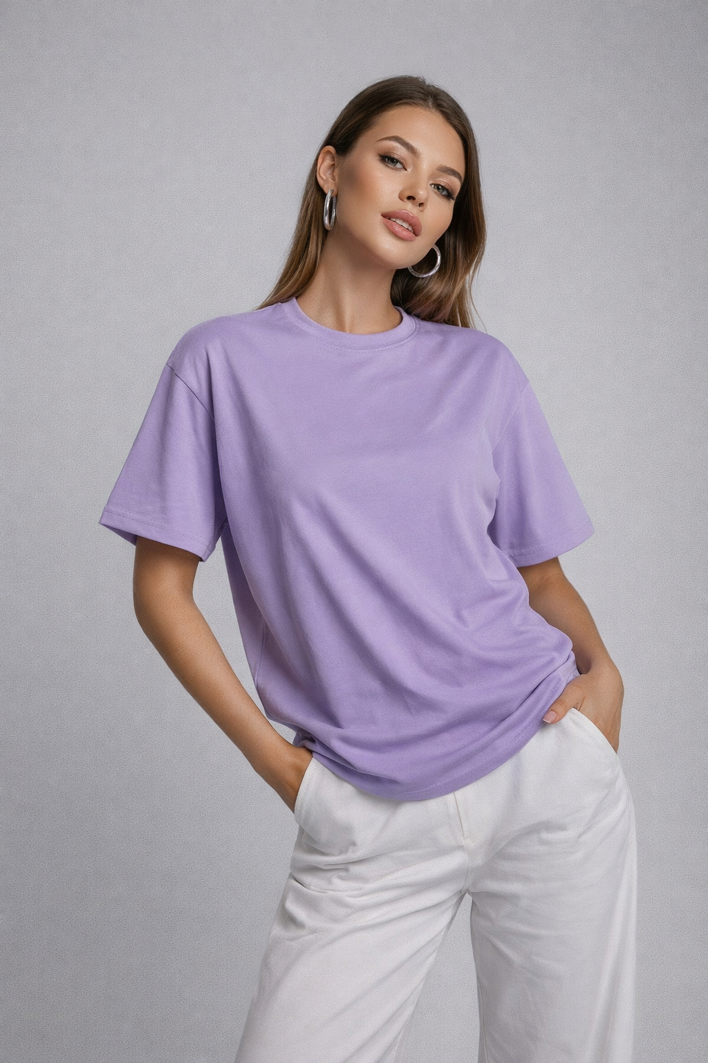 Kadın Lila %100 Pamuk Oversize Basic Tişört – Rahat Kalıp Relaxed Bisiklet Yaka T-Shirt