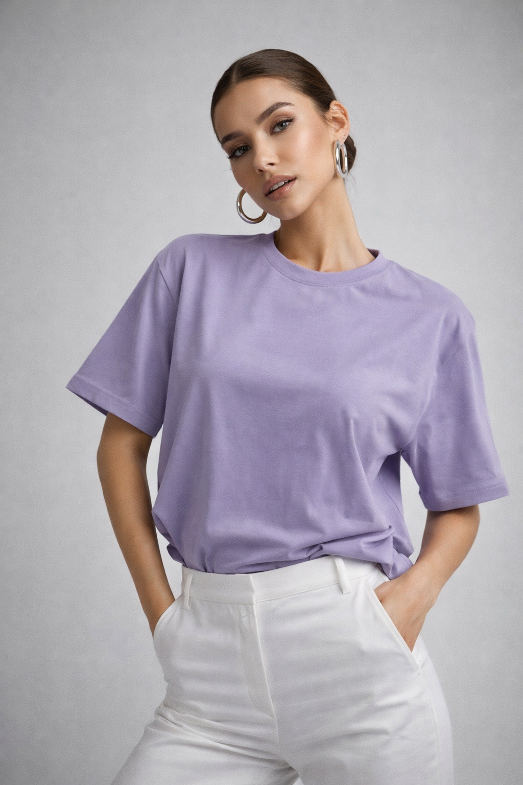 Kadın Lila %100 Pamuk Oversize Basic Tişört – Rahat Kalıp Relaxed Bisiklet Yaka T-Shirt