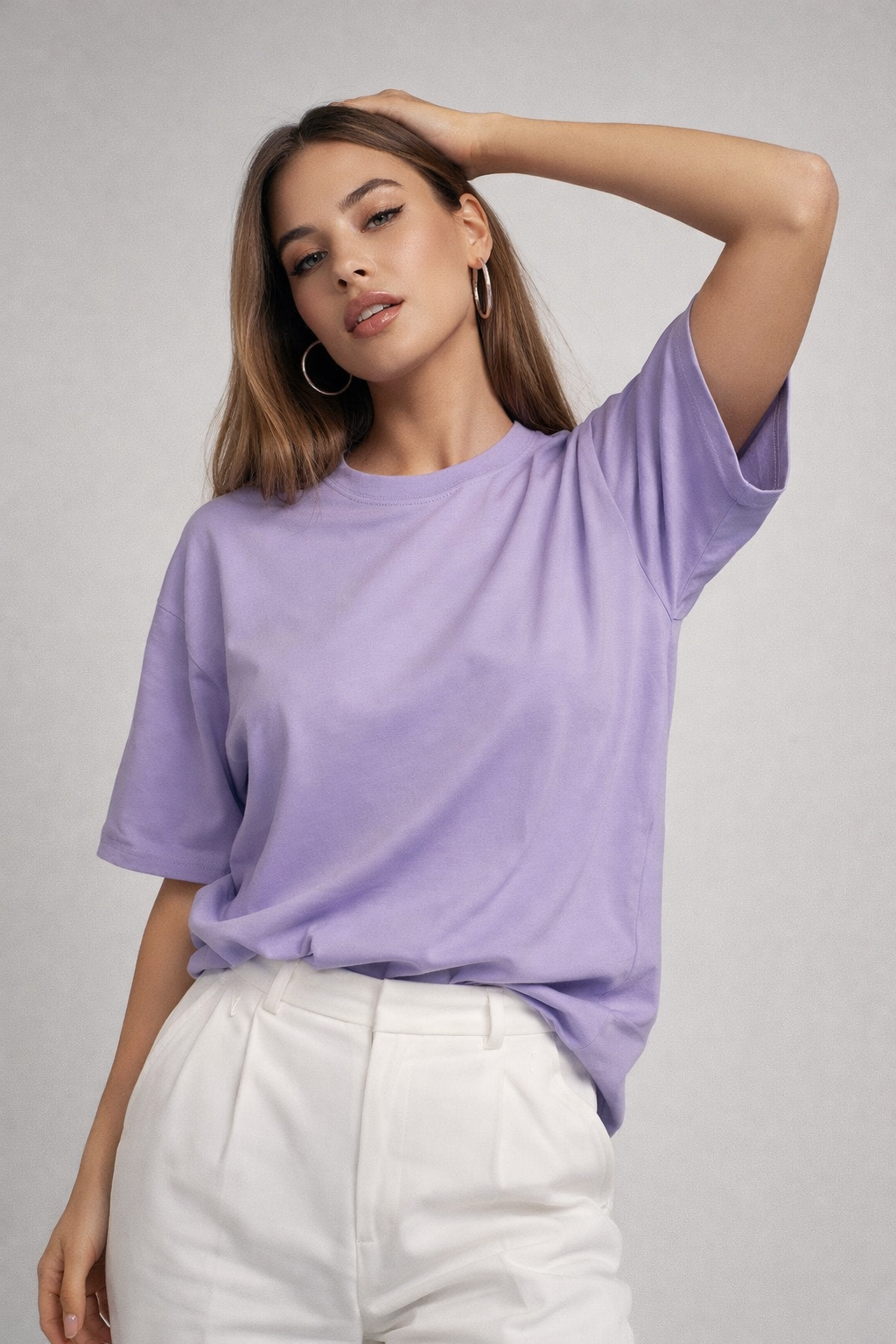 Kadın Lila %100 Pamuk Oversize Basic Tişört – Rahat Kalıp Relaxed Bisiklet Yaka T-Shirt