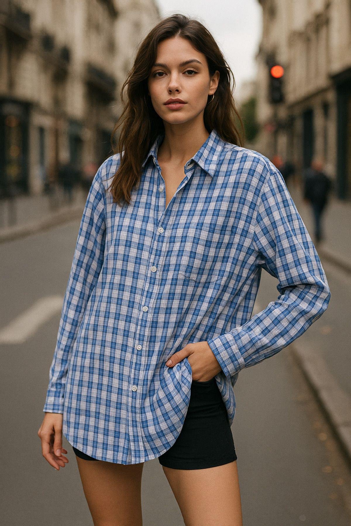 Kadın Mavi Beyaz Oversize Ekoseli Gömlek Over Fit Relaxed Gömlek