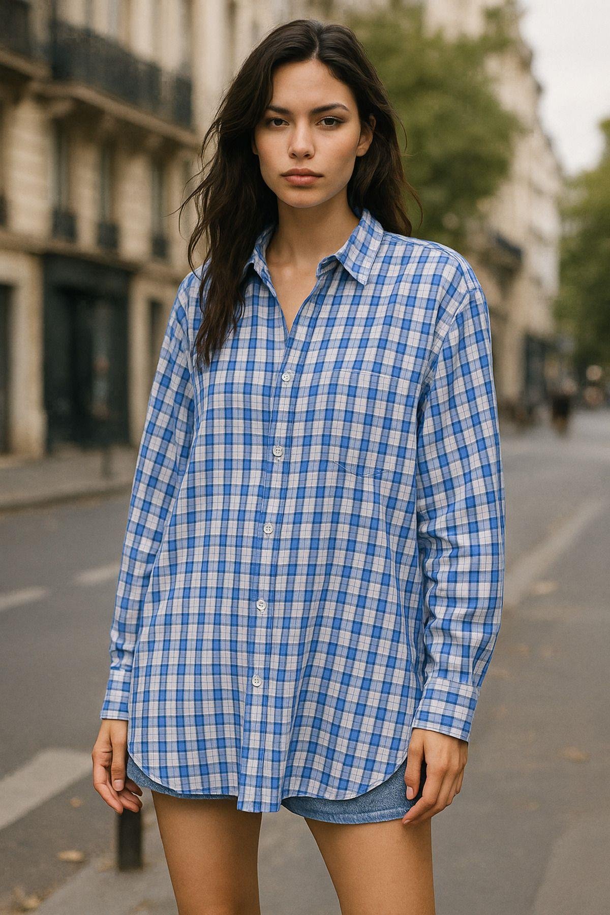 Kadın Mavi Beyaz Oversize Ekoseli Gömlek Over Fit Relaxed Gömlek