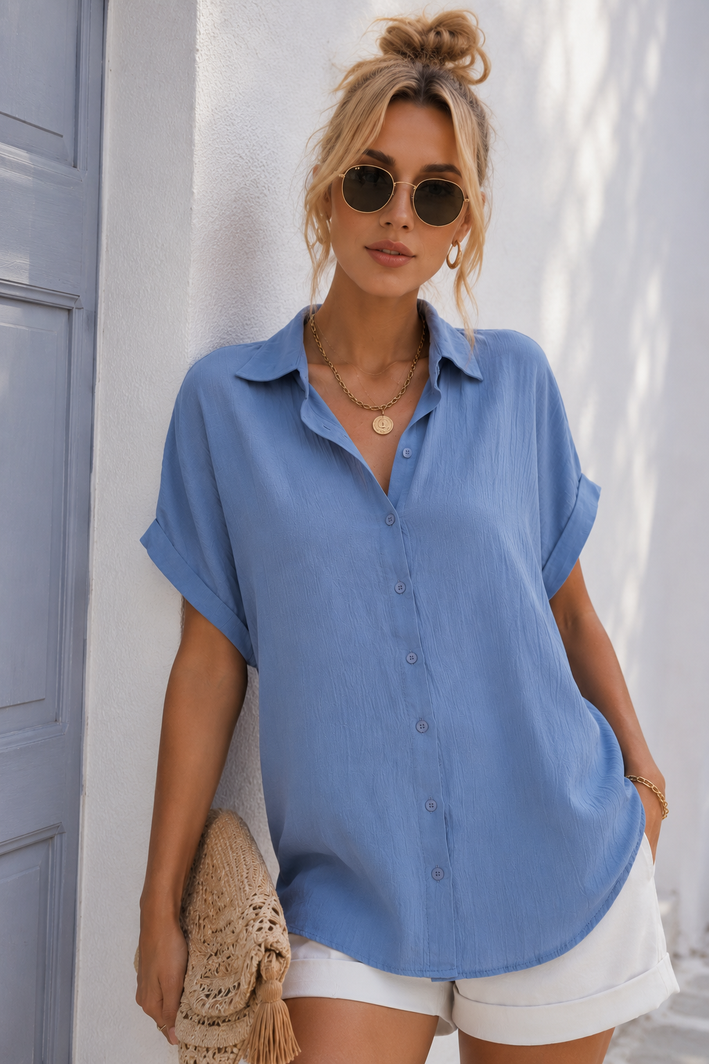 Kadın Mavi Müslin Kumaş Oversize Kısa Kollu Gömlek