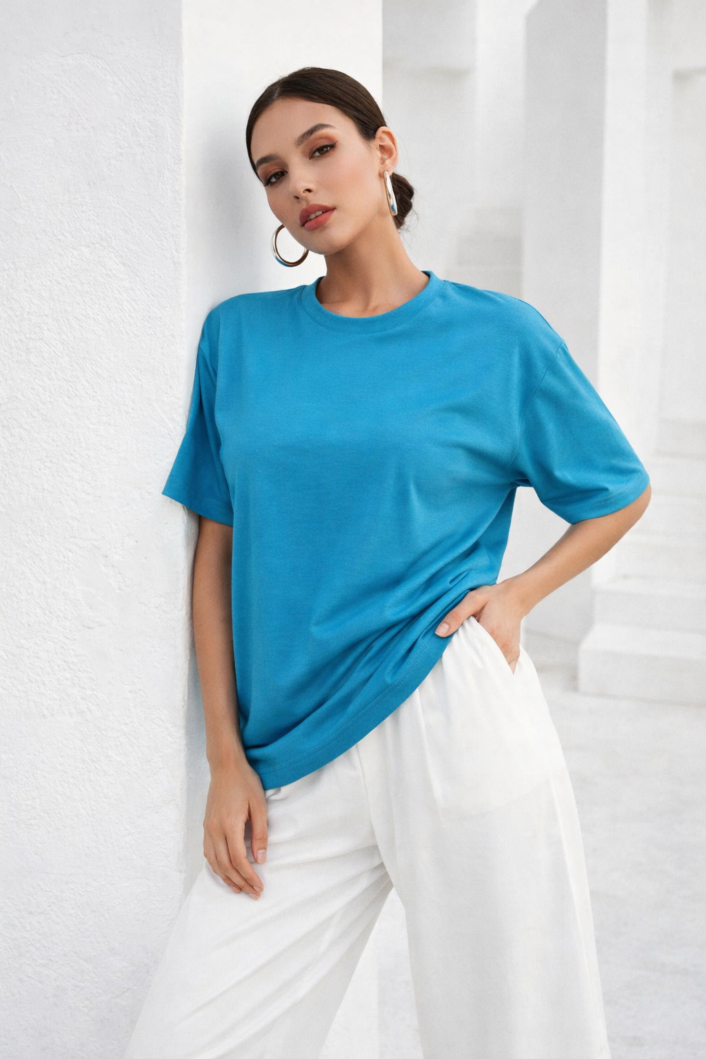 Kadın Mavi Premium Modal Kumaş Oversize T-Shirt