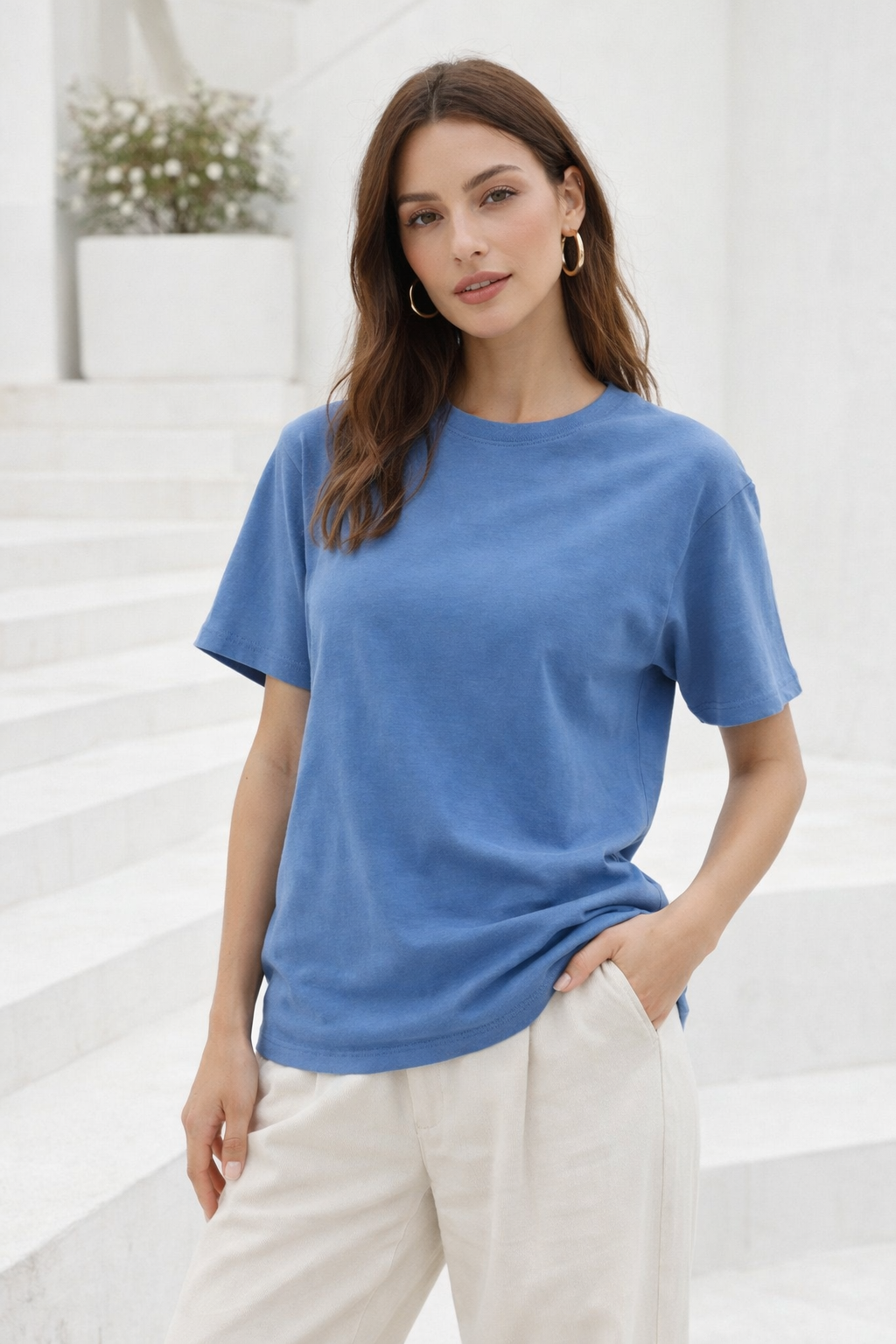 Kadın Mavi Yumuşak Dokulu İnterlok Bisiklet Yaka Basic T-Shirt