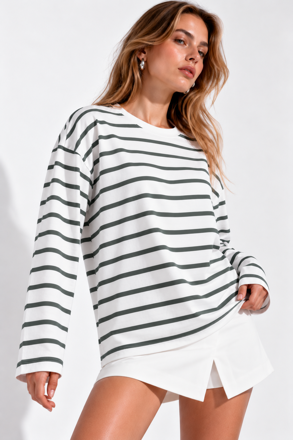 Kadın Mint-Beyaz Çizgili Pamuklu Bisiklet Yaka Oversize Bluz 