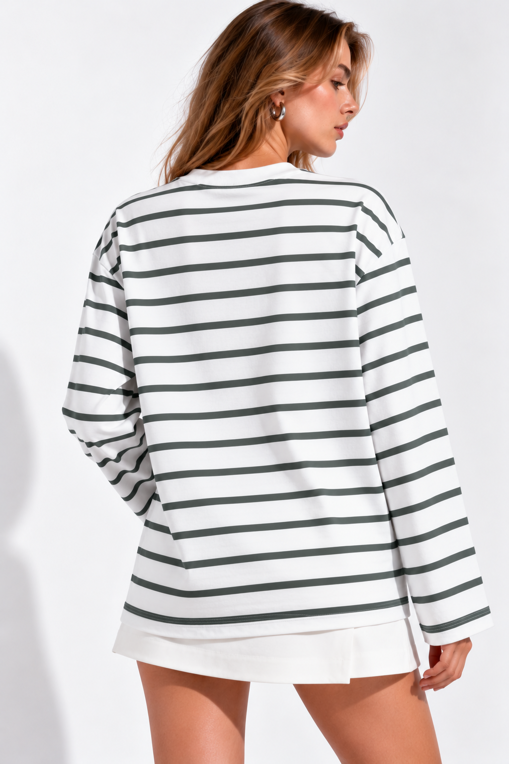 Kadın Mint-Beyaz Çizgili Pamuklu Bisiklet Yaka Oversize Bluz 