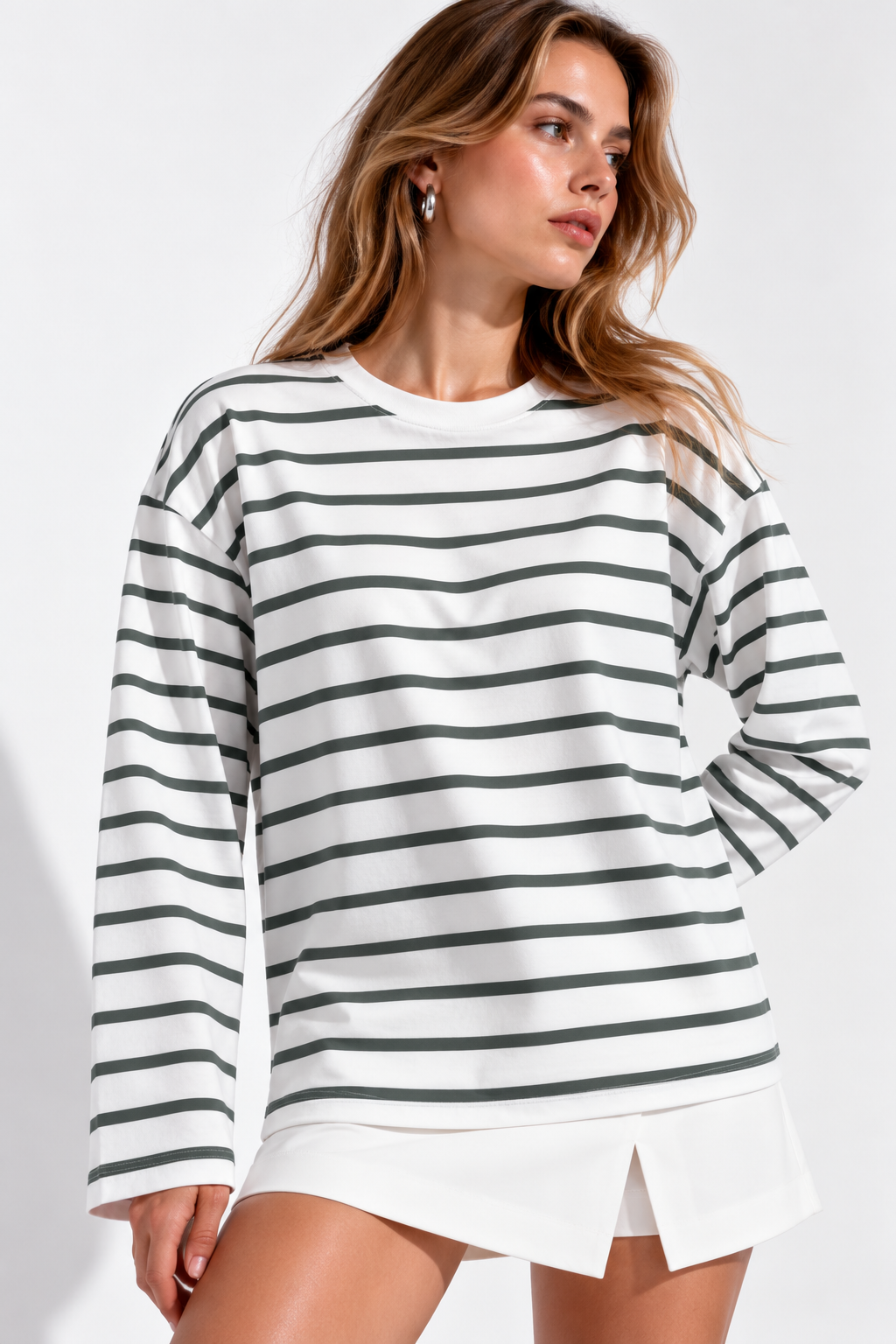 Kadın Mint-Beyaz Çizgili Pamuklu Bisiklet Yaka Oversize Bluz 