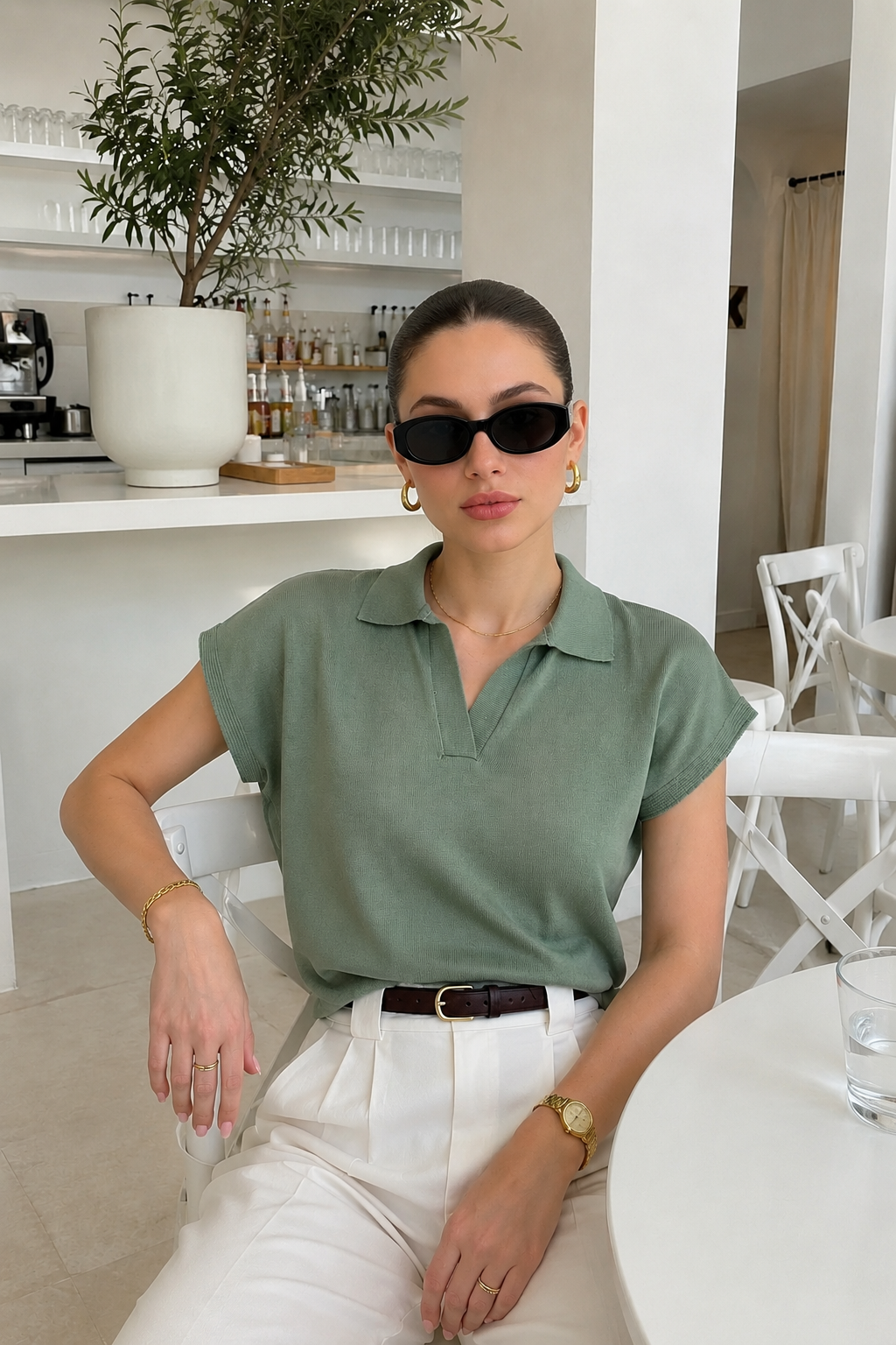Kadın Mint Yeşili Polo Yaka Yarasa Kollu  %100 Pamuk Triko Bluz