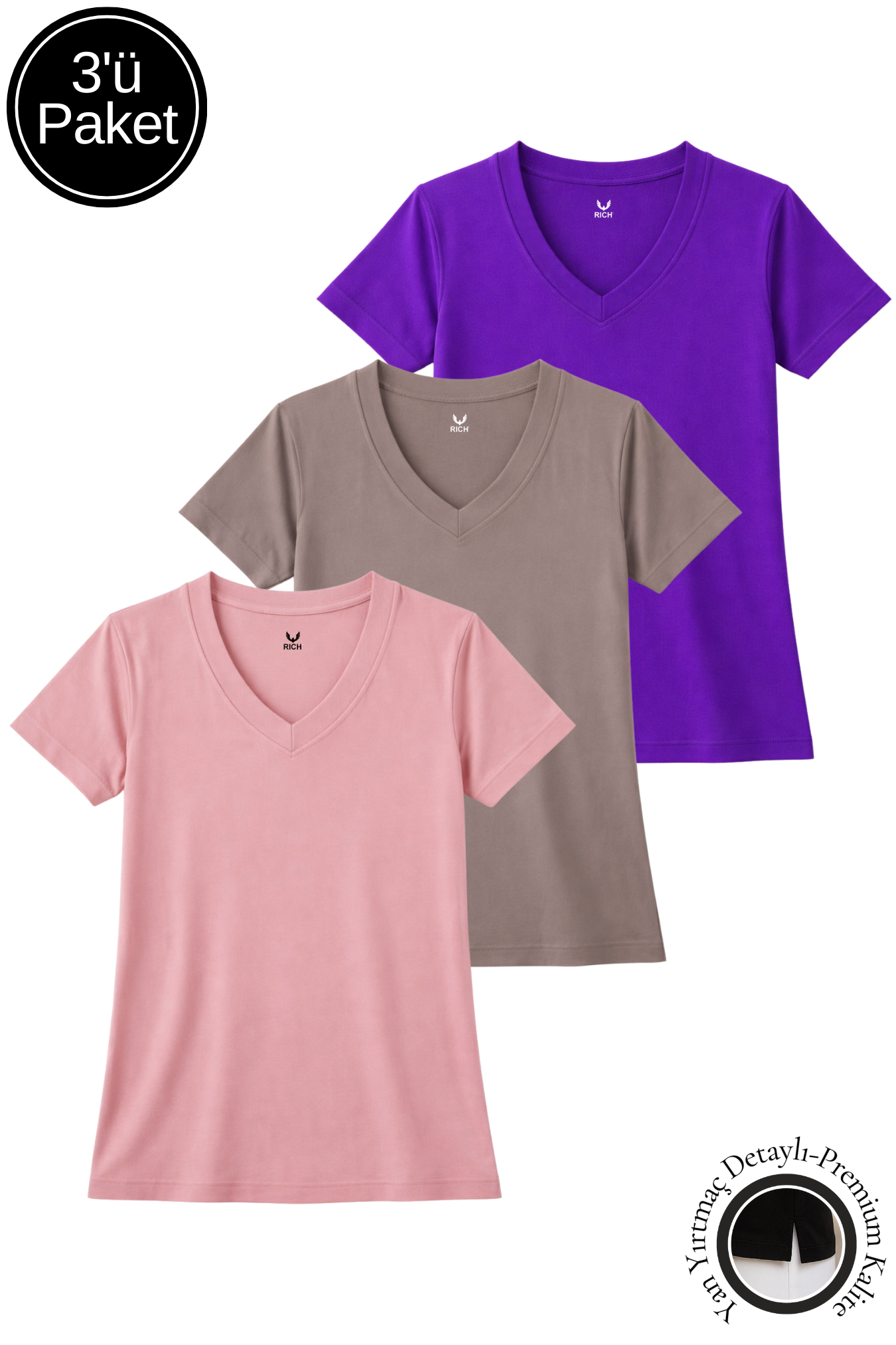 Kadın Mor-Gül Kurusu-Açık Pembe 3'lü Paket Yırtmaçlı Viskon V Yaka  T-Shirt