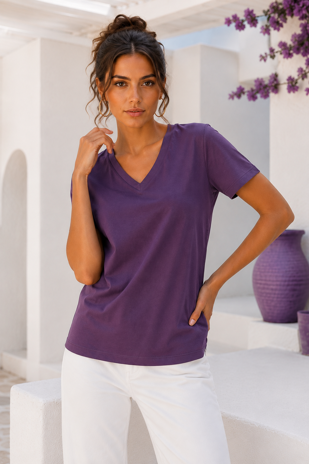 Kadın Mor Yumuşak Dokulu İnterlock V Yaka Basic T-Shirt