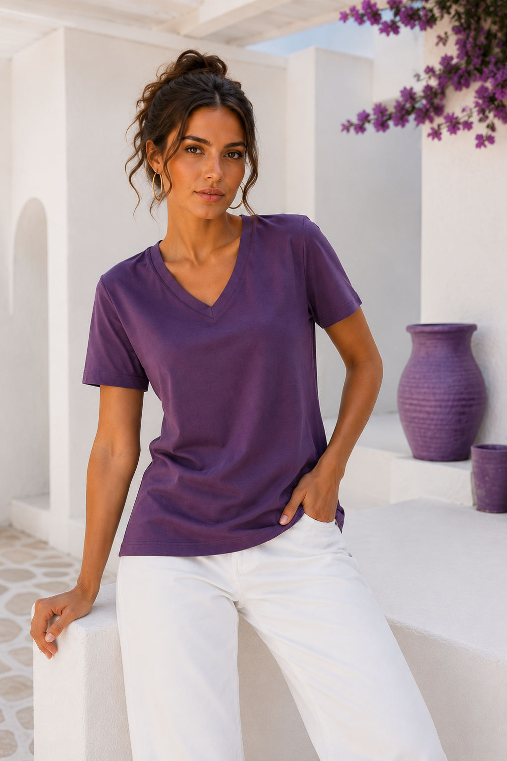 Kadın Mor Yumuşak Dokulu İnterlock V Yaka Basic T-Shirt