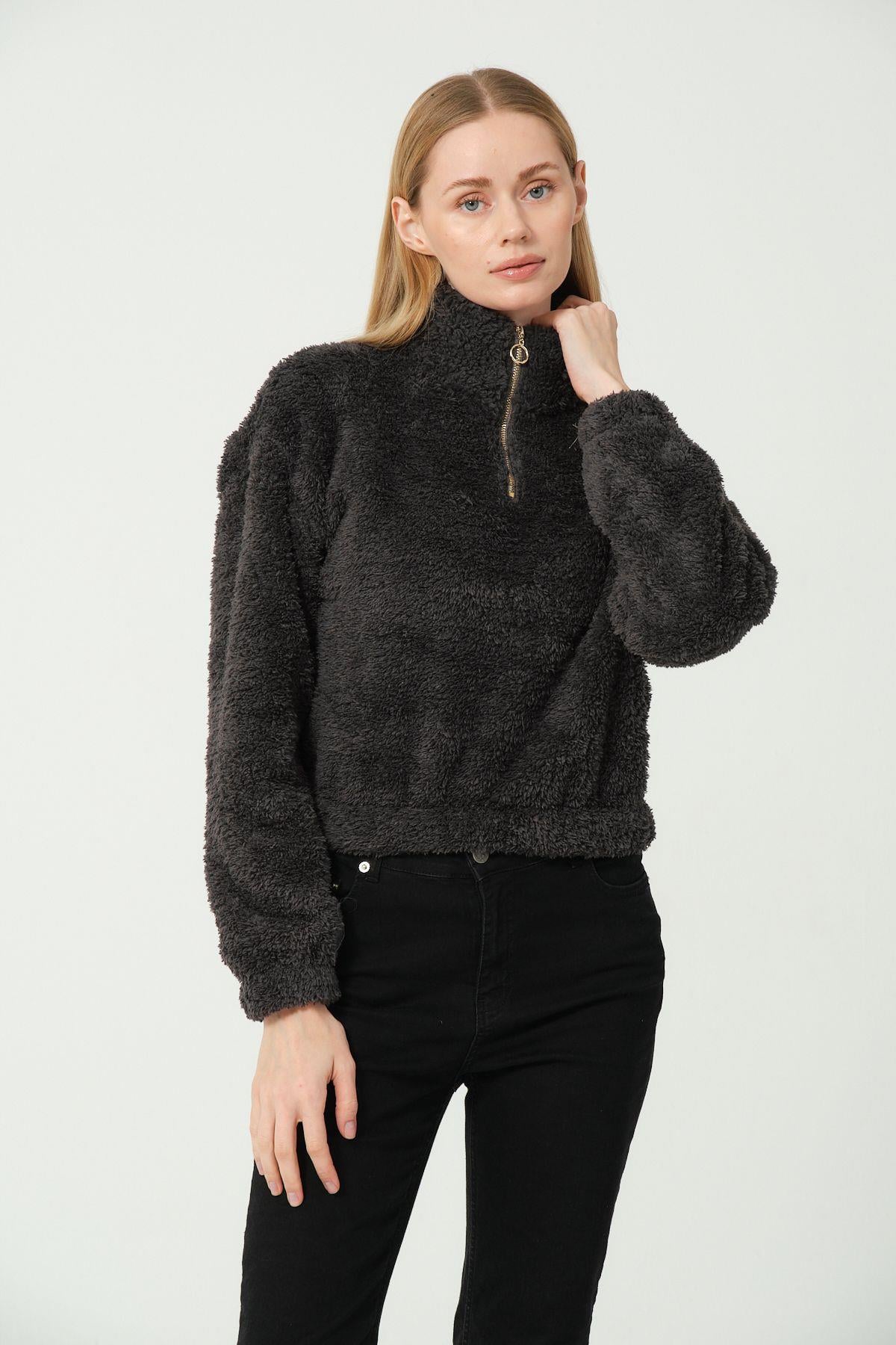 Kadın Peluş Yarım Fermuarlı Polar Mont