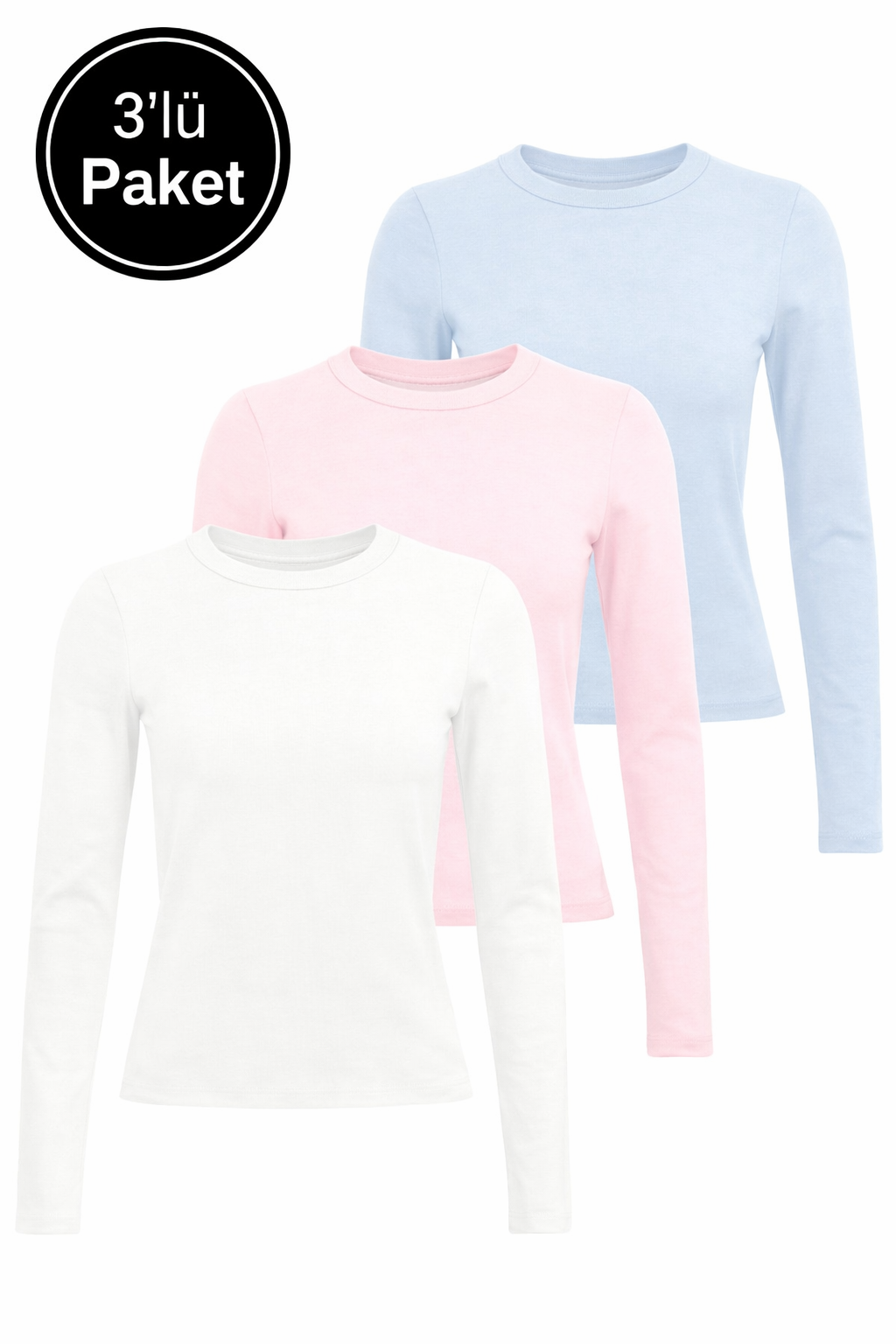 Kadın Pembe-Beyaz-Mavi 3'lü Paket Bisiklet Yaka Esnek Kumaşlı Vücuda Oturan Slim Fit Uzun Kollu Crop Body