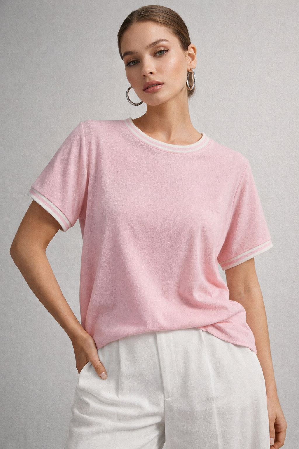 Kadın Pembe Bisiklet Triko Yaka Kısa Kollu Basic T-Shirt