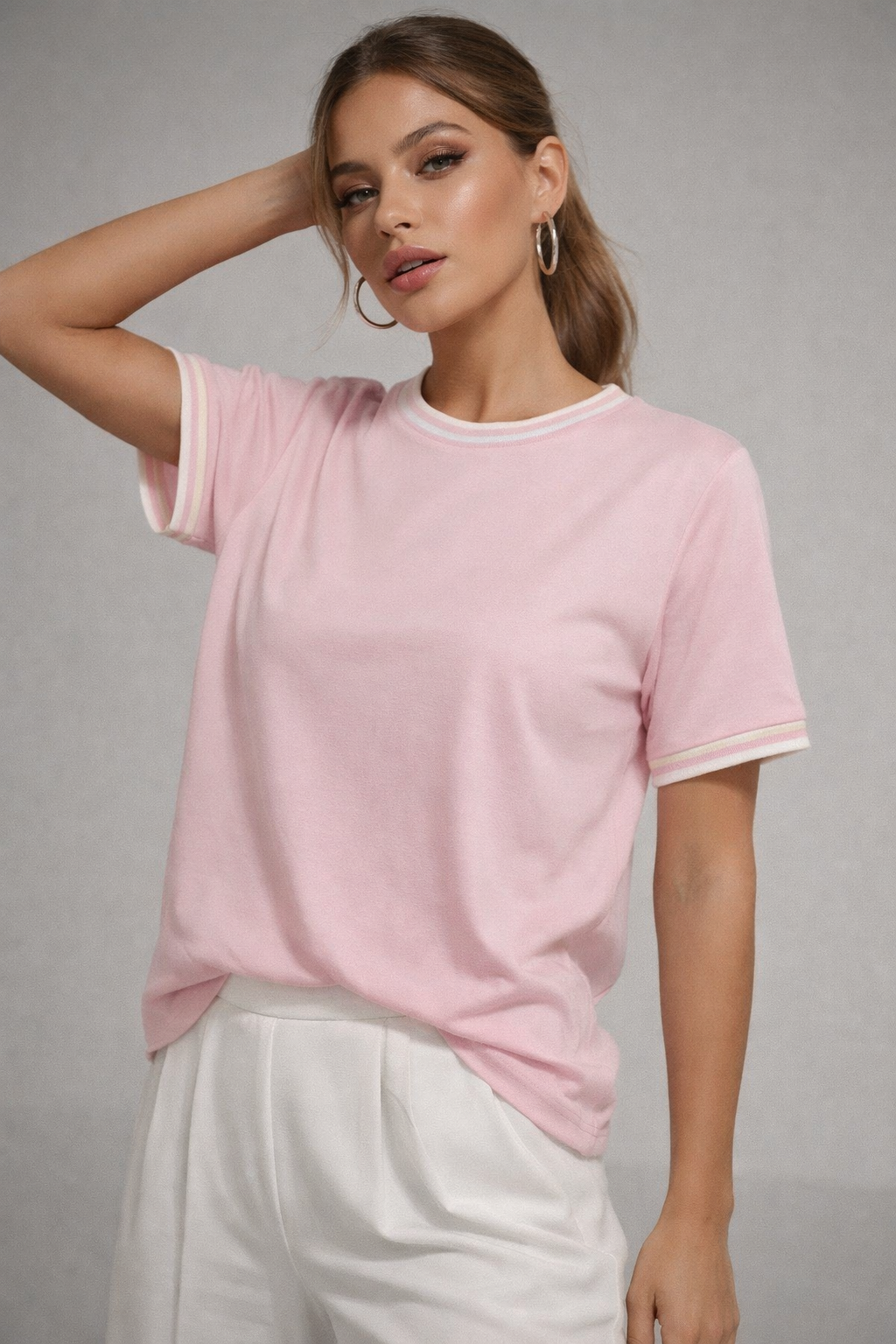 Kadın Pembe Bisiklet Triko Yaka Kısa Kollu Basic T-Shirt