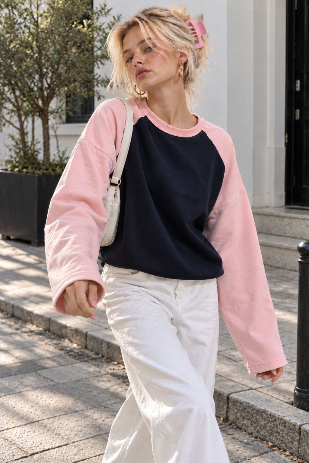 Kadın Pembe Lacivert Reglan Kol Pamuklu Oversize Sweatshirt
