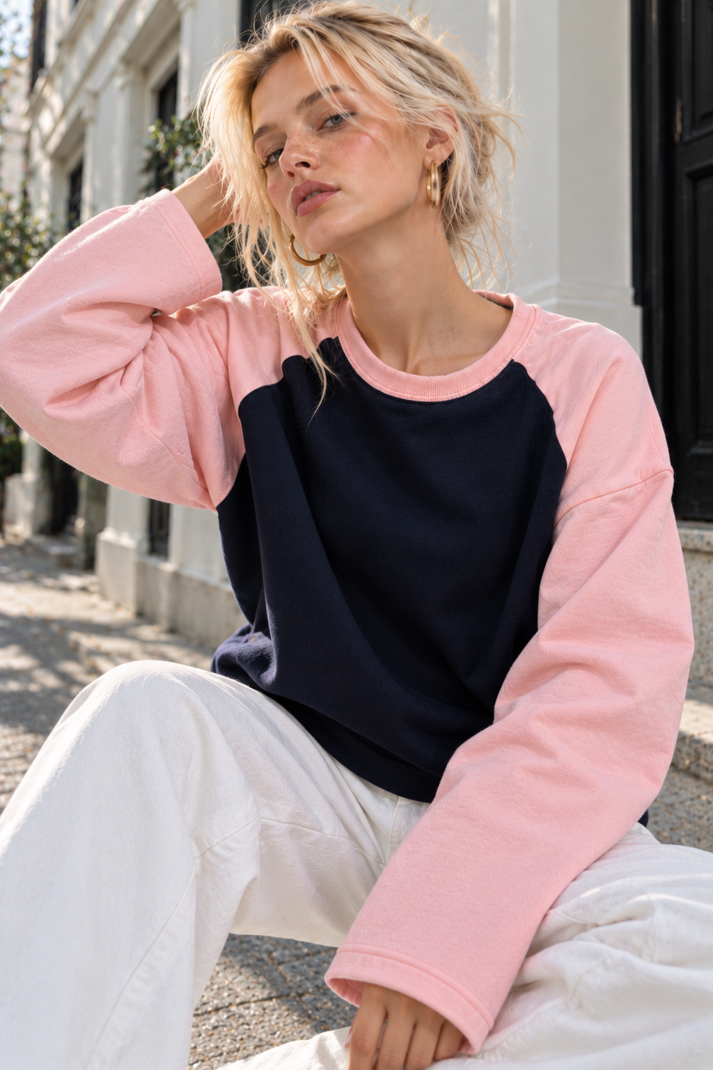 Kadın Pembe Lacivert Reglan Kol Pamuklu Oversize Sweatshirt