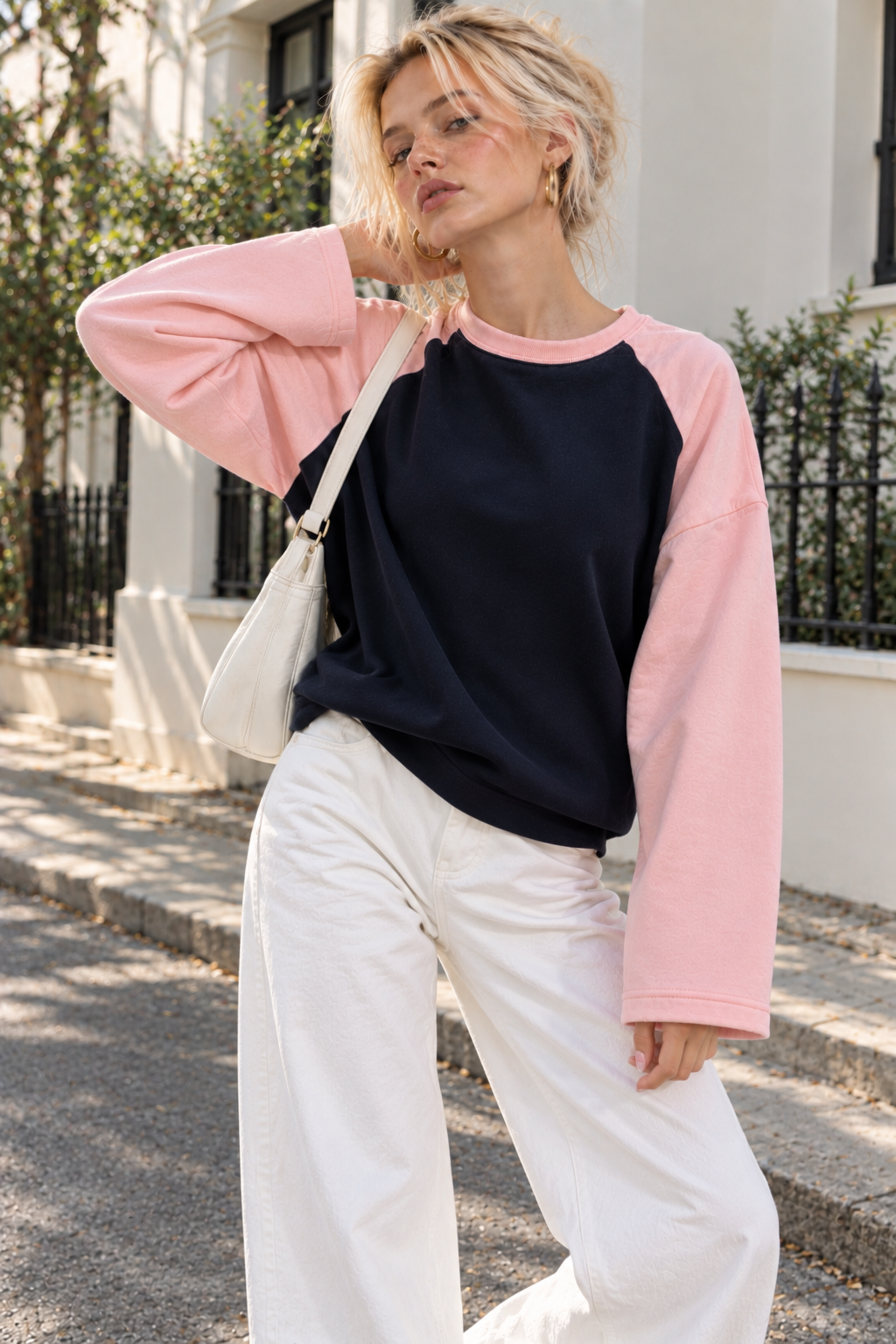 Kadın Pembe Lacivert Reglan Kol Pamuklu Oversize Sweatshirt