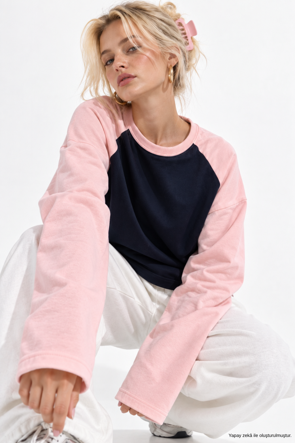 Kadın Pembe Lacivert Reglan Kol Pamuklu Oversize Sweatshirt