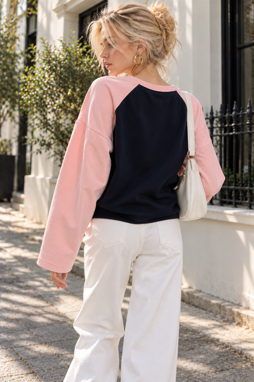 Kadın Pembe Lacivert Reglan Kol Pamuklu Oversize Sweatshirt
