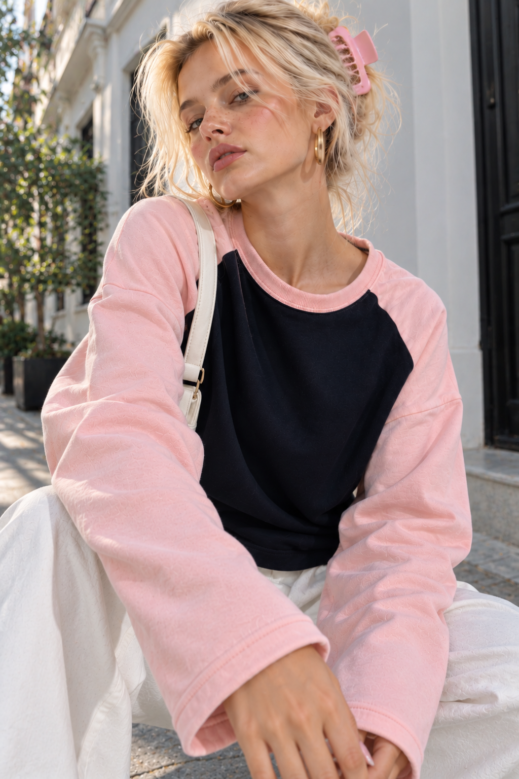 Kadın Pembe Lacivert Reglan Kol Pamuklu Oversize Sweatshirt