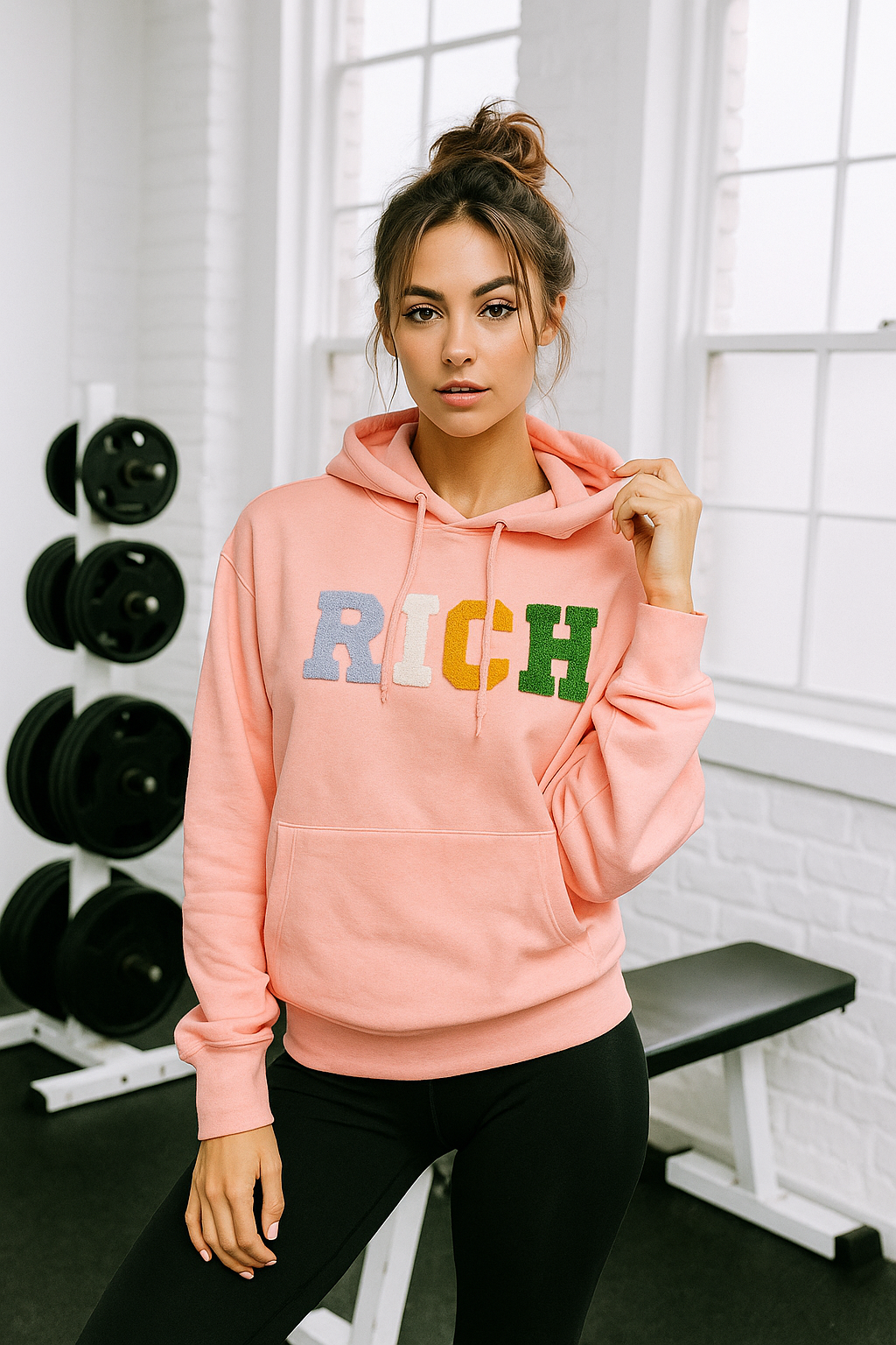 Kadın Pembe Renkli Rich Yazılı Kapüşonlu Sweatshirt