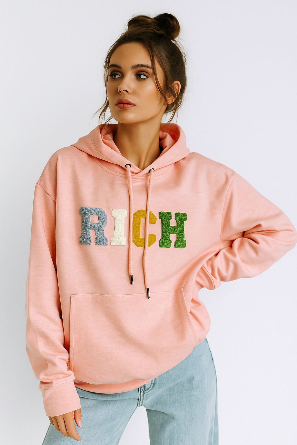 Kadın Pembe Renkli Rich Yazılı Kapüşonlu Sweatshirt