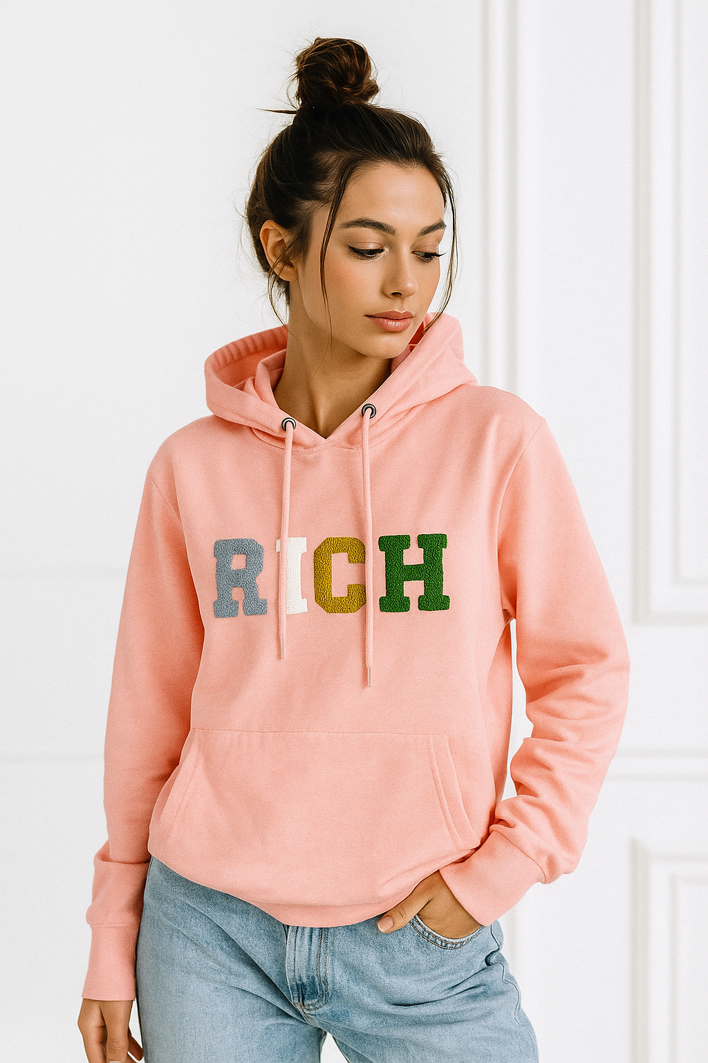 Kadın Pembe Renkli Rich Yazılı Kapüşonlu Sweatshirt