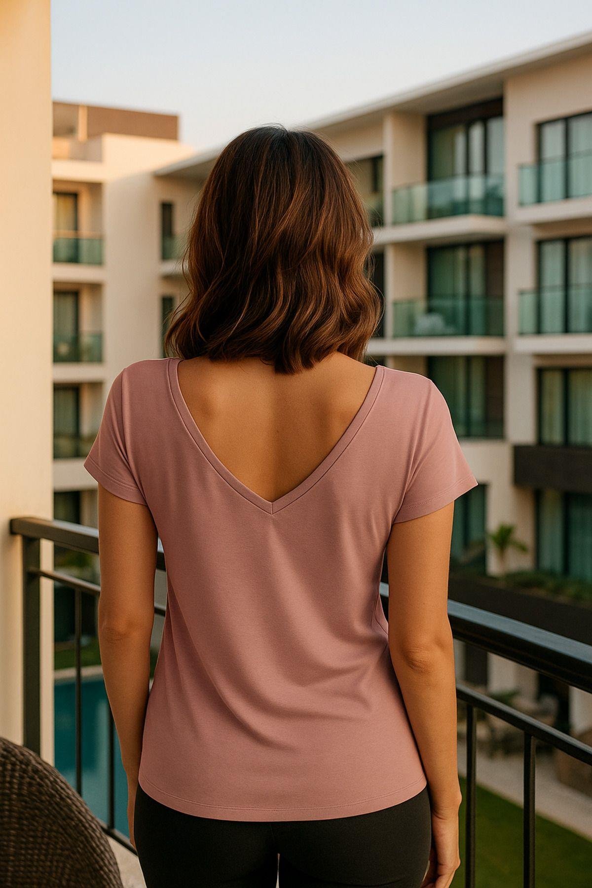 Kadın Pembe Viskon Ön Arka V Yakalı T-shirt Yarasa Kol Relaxed Bluz