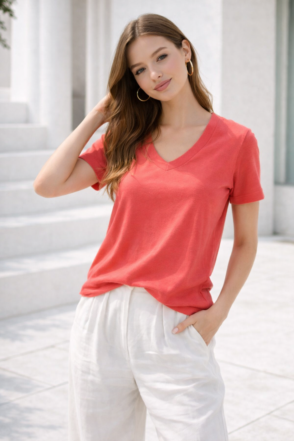 Kadın Pembe Yumuşak Dokulu İnterlock V Yaka Basic T-Shirt