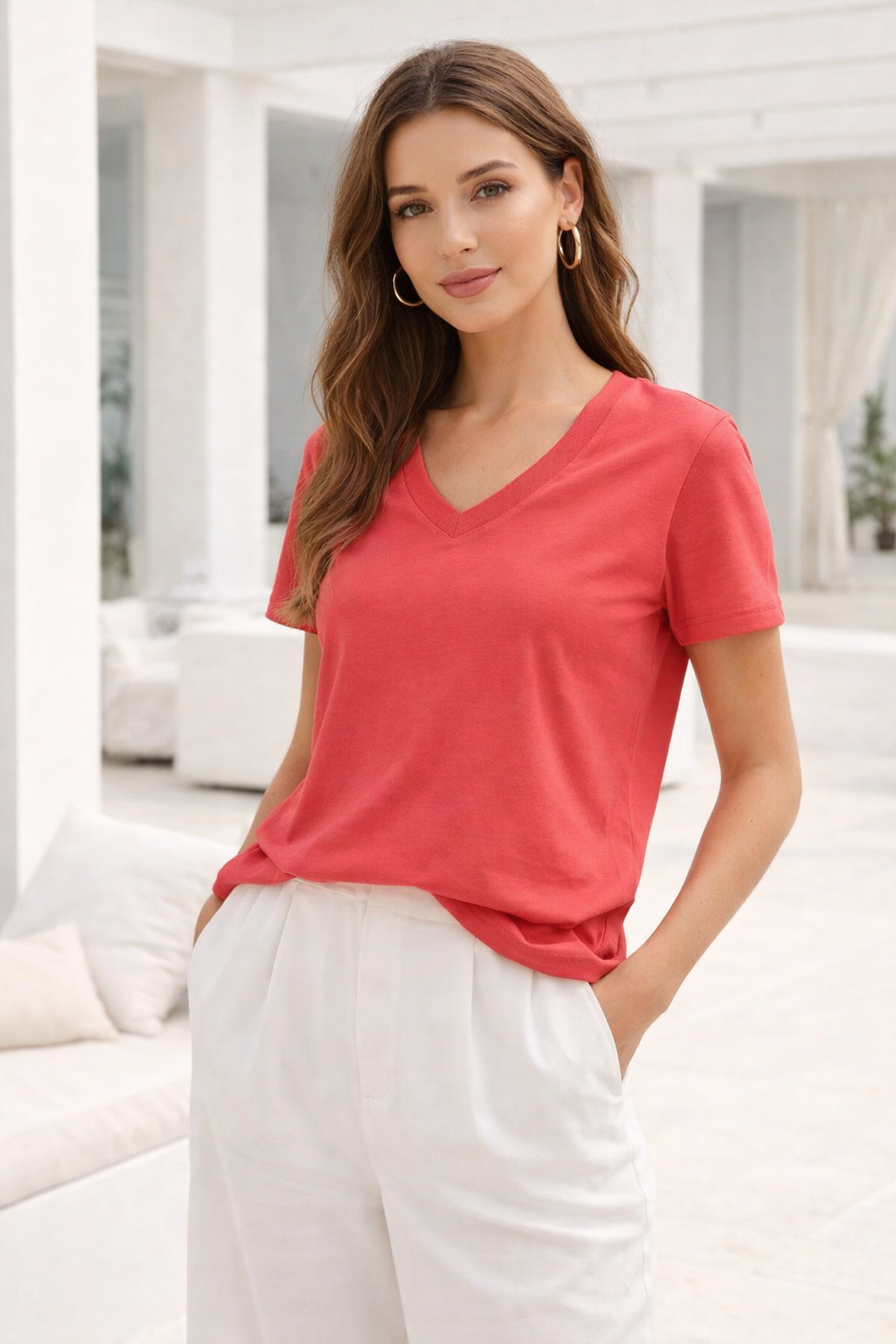 Kadın Pembe Yumuşak Dokulu İnterlock V Yaka Basic T-Shirt