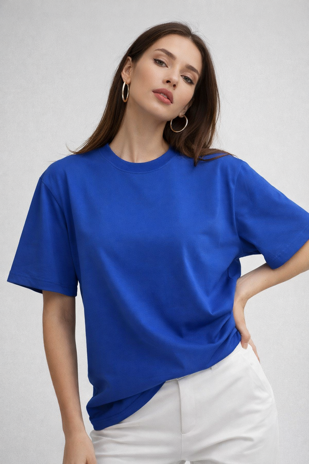 Kadın Saks Mavi %100 Pamuk Oversize Basic Tişört – Rahat Kalıp Relaxed Bisiklet Yaka T-Shirt