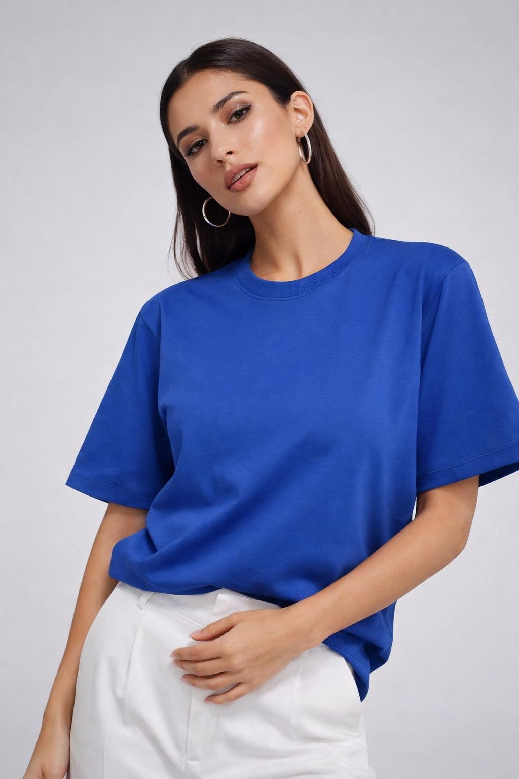 Kadın Saks Mavi %100 Pamuk Oversize Basic Tişört – Rahat Kalıp Relaxed Bisiklet Yaka T-Shirt