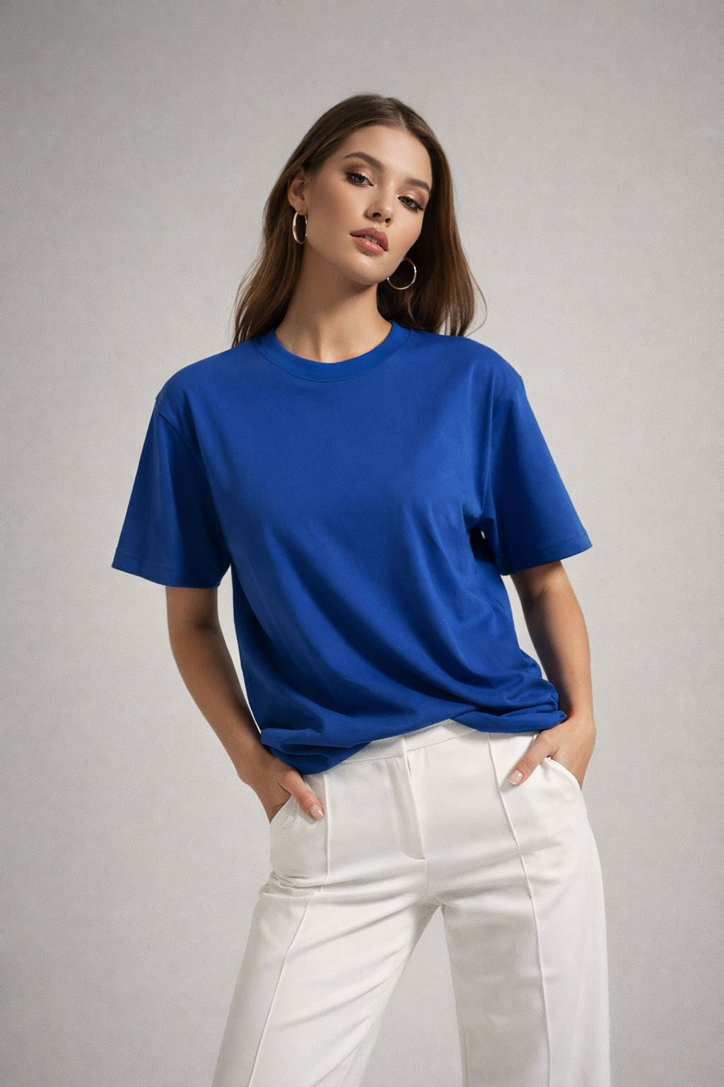 Kadın Saks Mavi %100 Pamuk Oversize Basic Tişört – Rahat Kalıp Relaxed Bisiklet Yaka T-Shirt