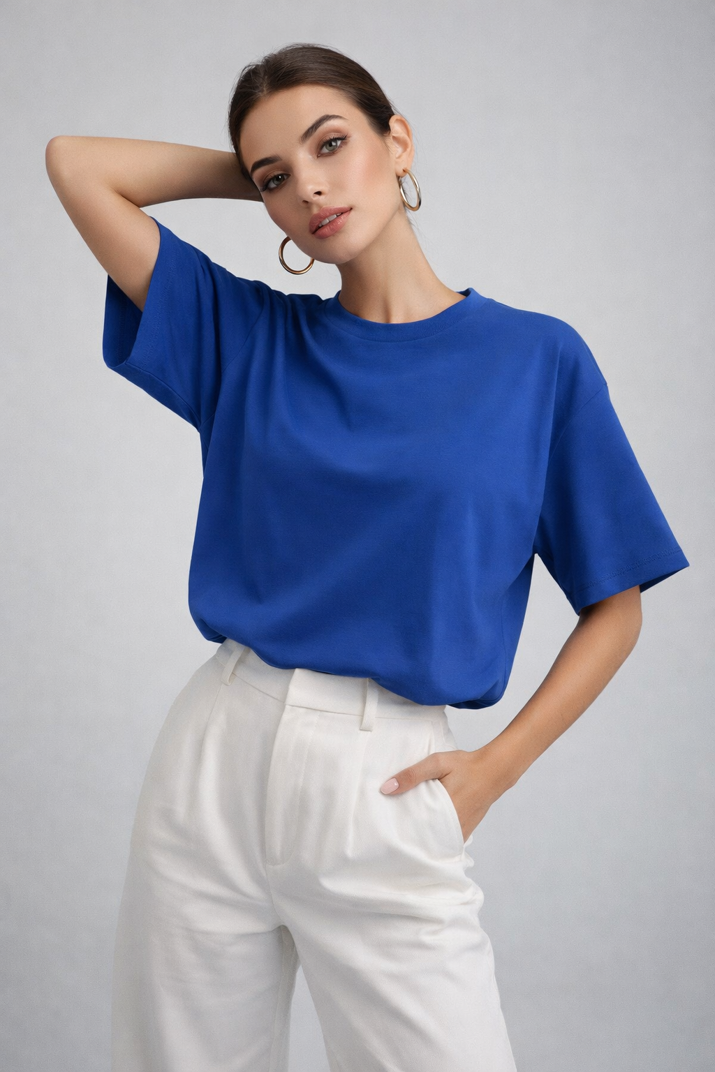 Kadın Saks Mavi %100 Pamuk Oversize Basic Tişört – Rahat Kalıp Relaxed Bisiklet Yaka T-Shirt