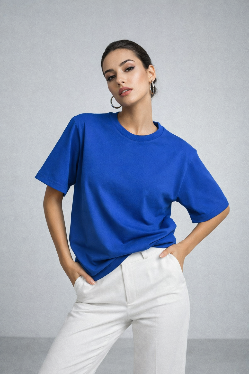 Kadın Saks Mavi %100 Pamuk Oversize Basic Tişört – Rahat Kalıp Relaxed Bisiklet Yaka T-Shirt