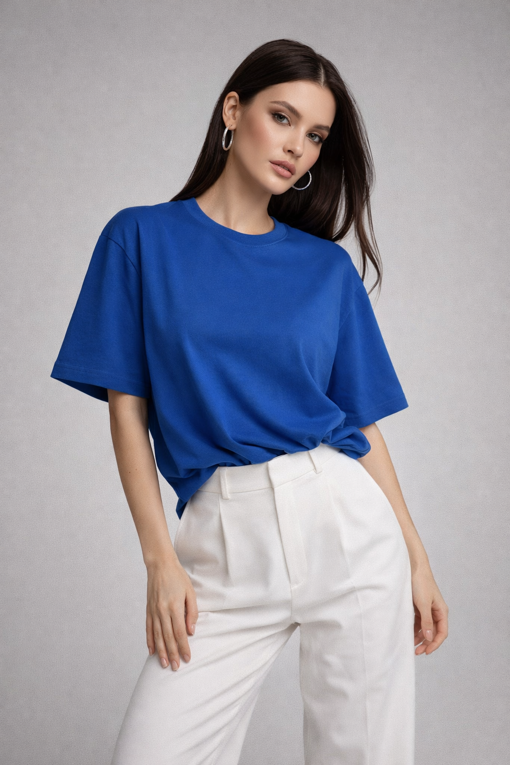 Kadın Saks Mavi %100 Pamuk Oversize Basic Tişört – Rahat Kalıp Relaxed Bisiklet Yaka T-Shirt