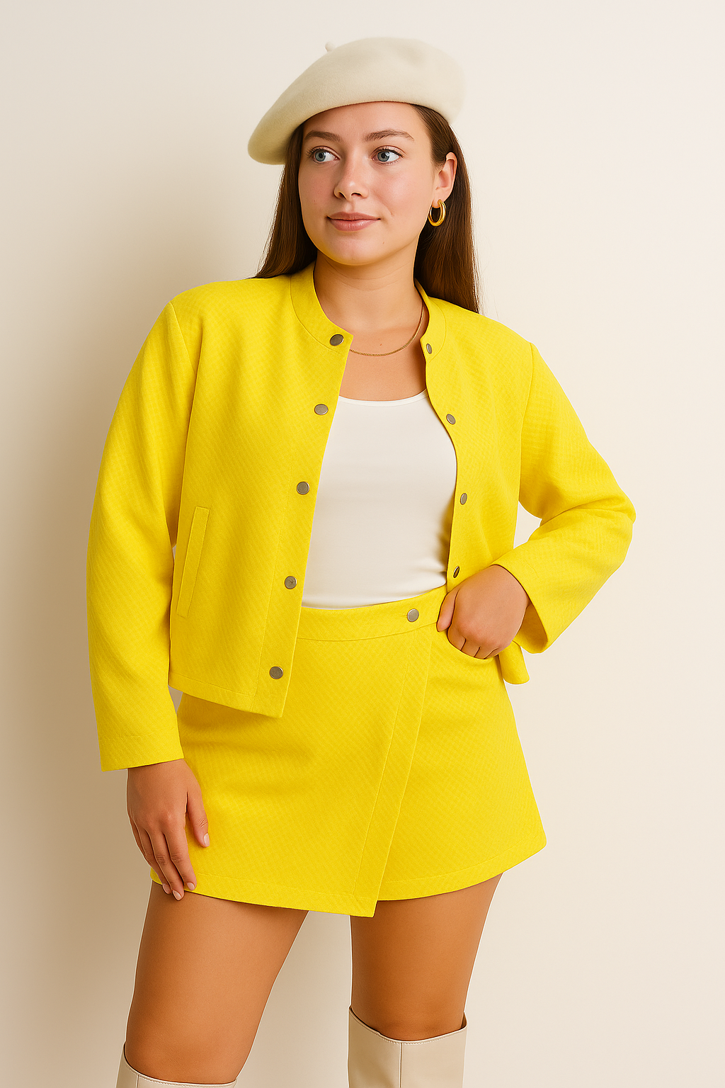 Kadın Sarı Oversize Ceket Şort Etek Takım