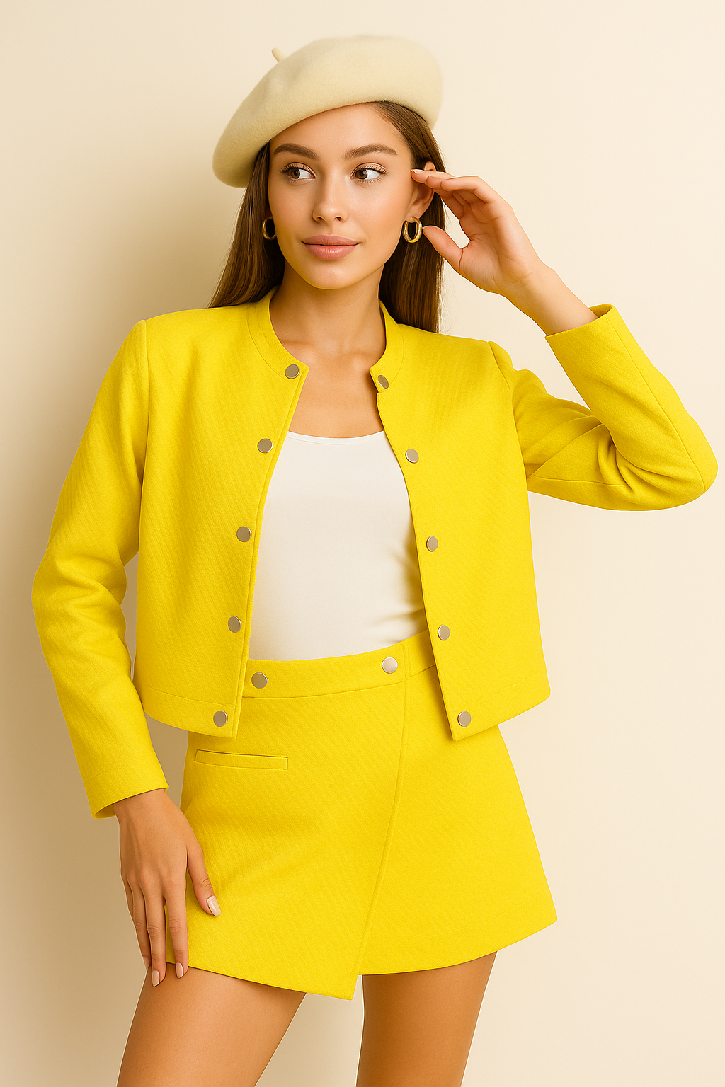 Kadın Sarı Oversize Ceket Şort Etek Takım